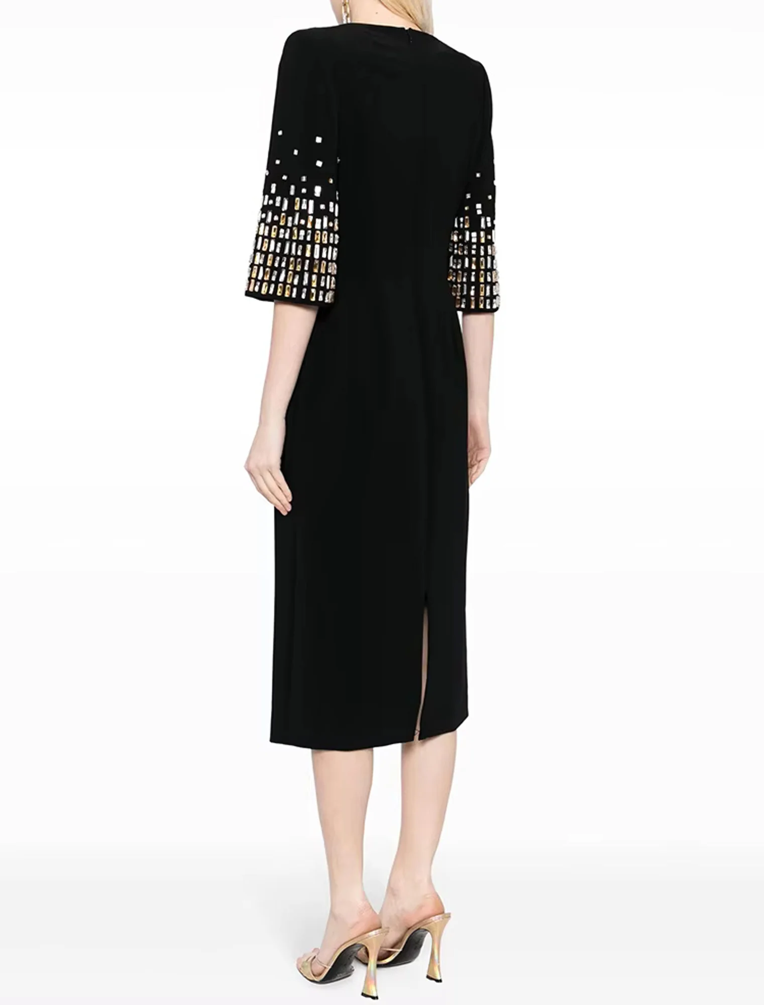 Black Crystal Embellished Short Sleeve Midi Dress