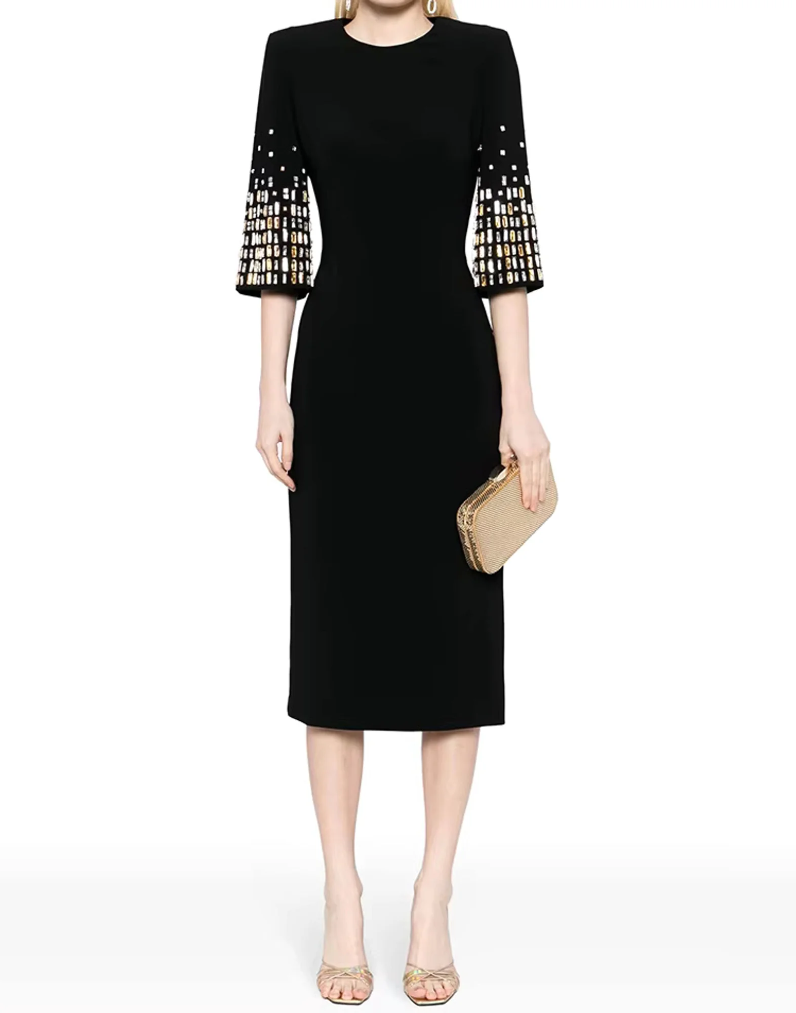 Black Crystal Embellished Short Sleeve Midi Dress