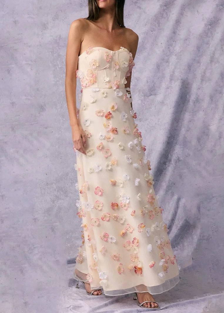 Ivory Floral Corset Maxi Dress - Elegant Strapless Design