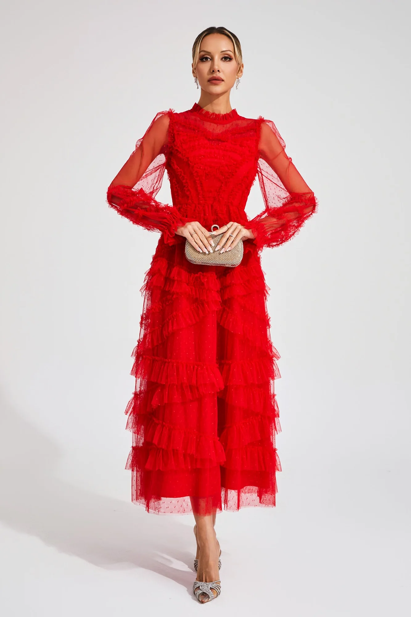 Red Floral Long Sleeve Tulle Dress - Elegant Occasion Wear