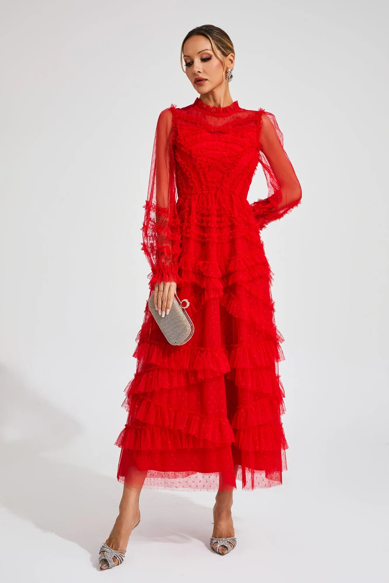 Red Floral Long Sleeve Tulle Dress - Elegant Occasion Wear