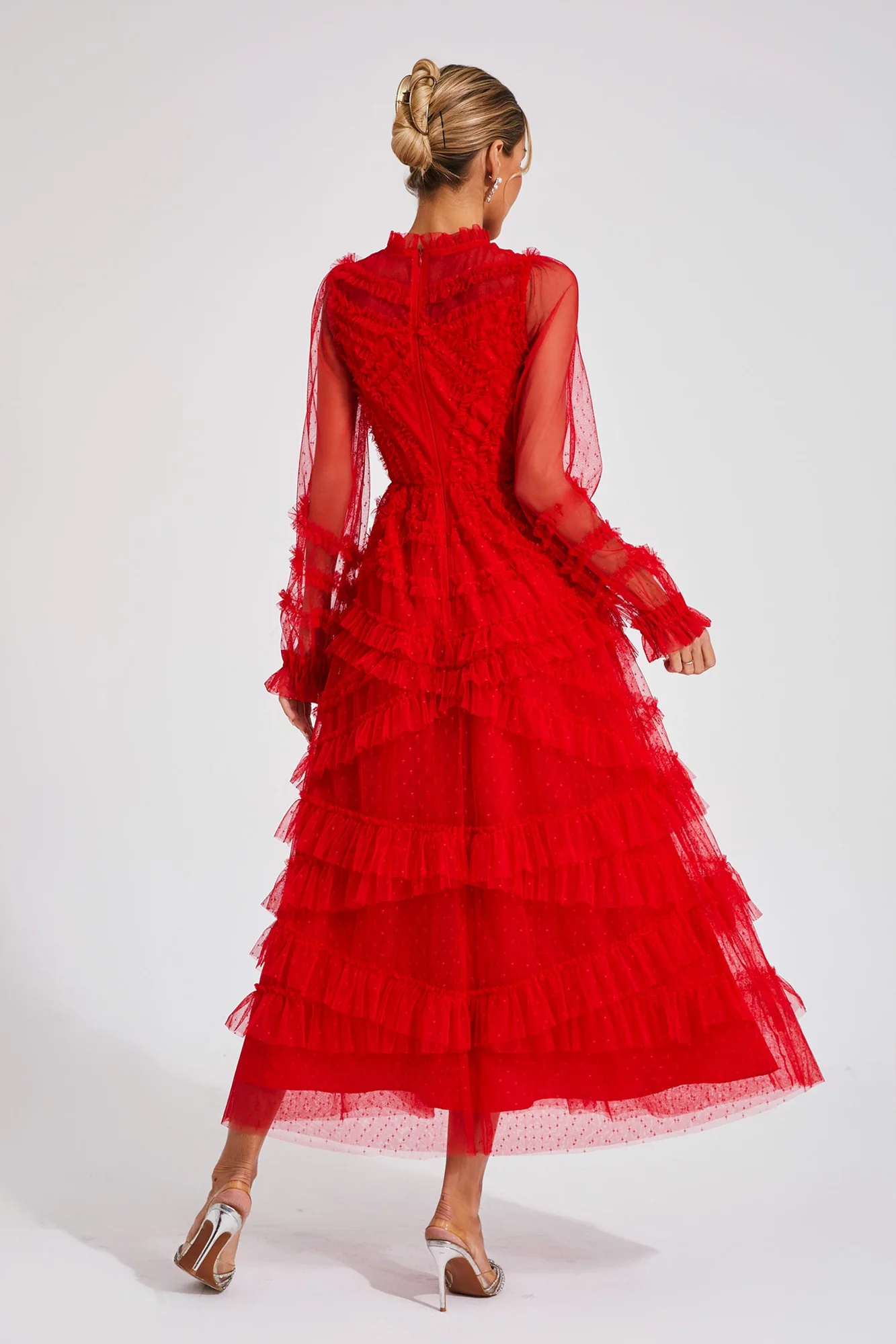 Red Floral Long Sleeve Tulle Dress - Elegant Occasion Wear