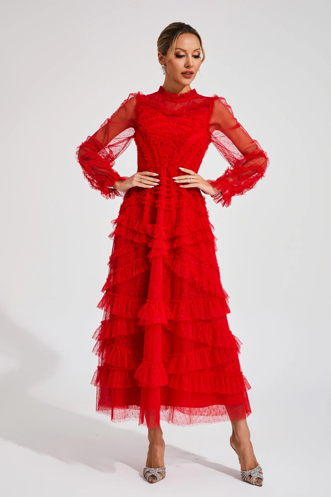 Red Floral Long Sleeve Tulle Dress - Elegant Occasion Wear