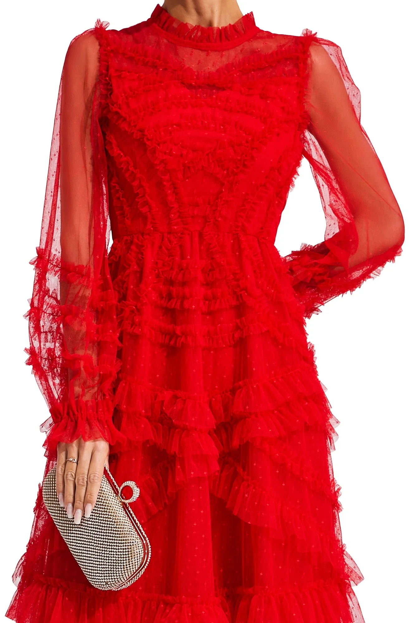 Red Floral Long Sleeve Tulle Dress - Elegant Occasion Wear