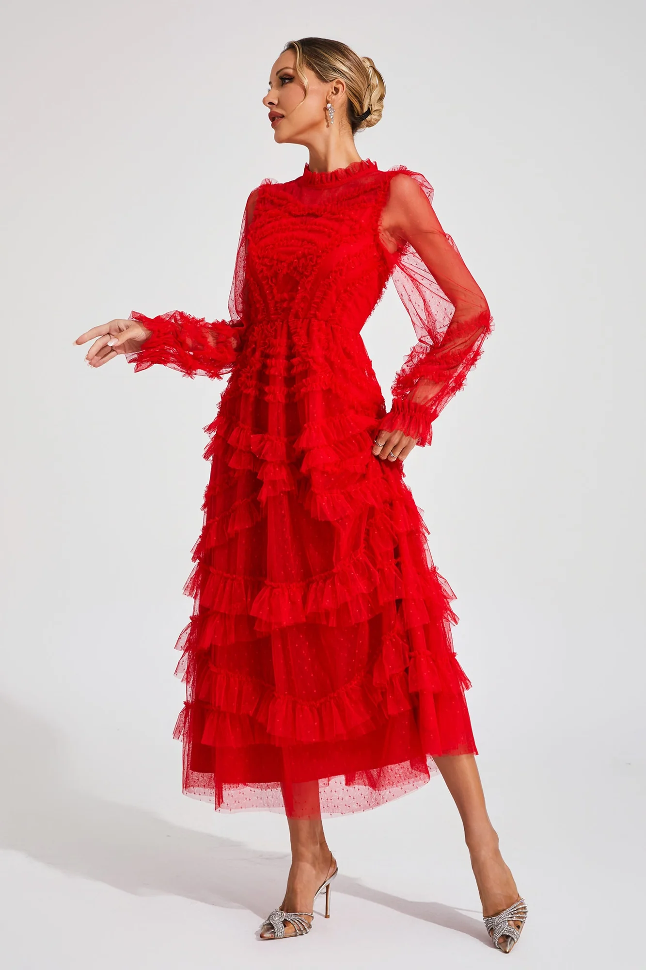 Red Floral Long Sleeve Tulle Dress - Elegant Occasion Wear