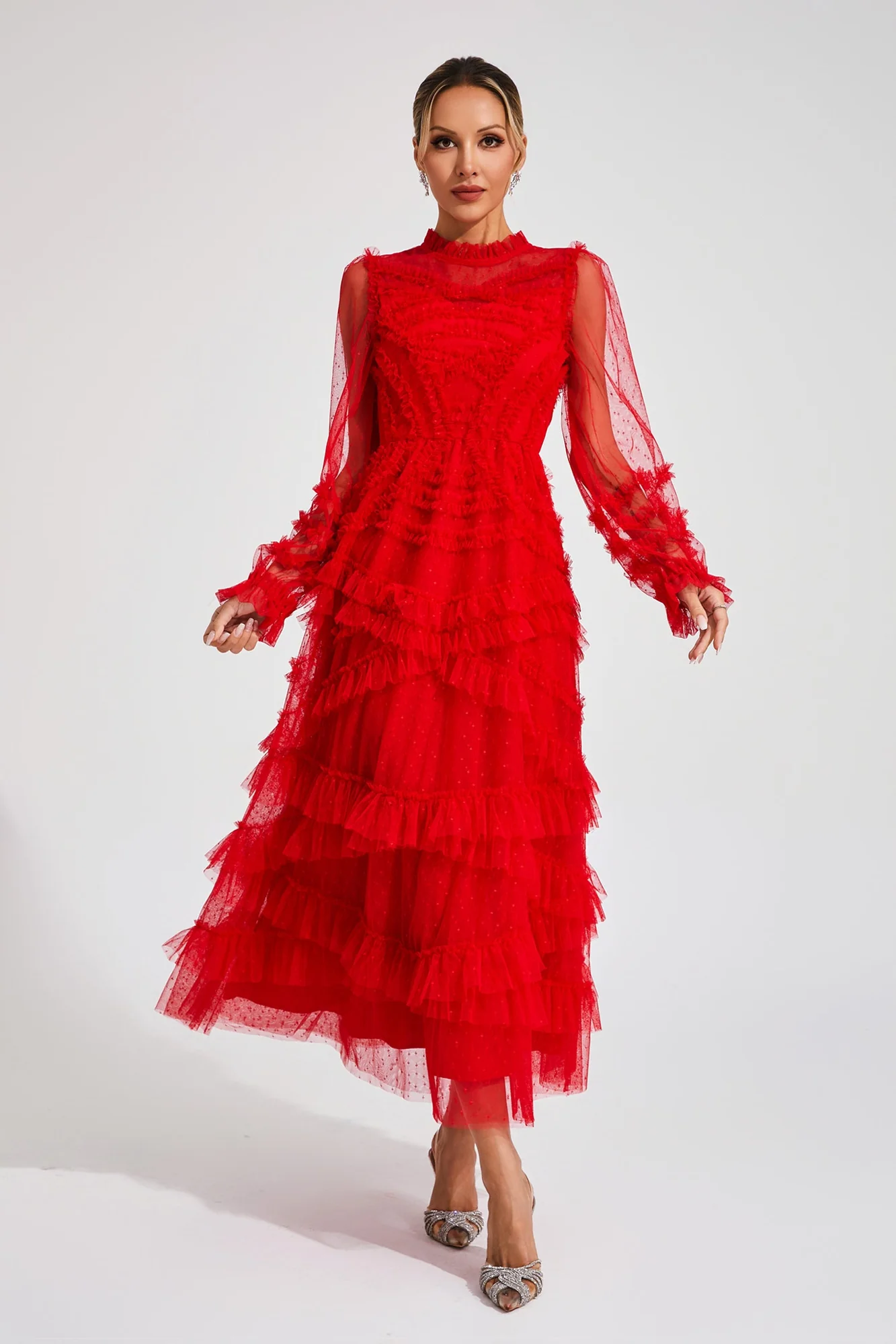 Red Floral Long Sleeve Tulle Dress - Elegant Occasion Wear