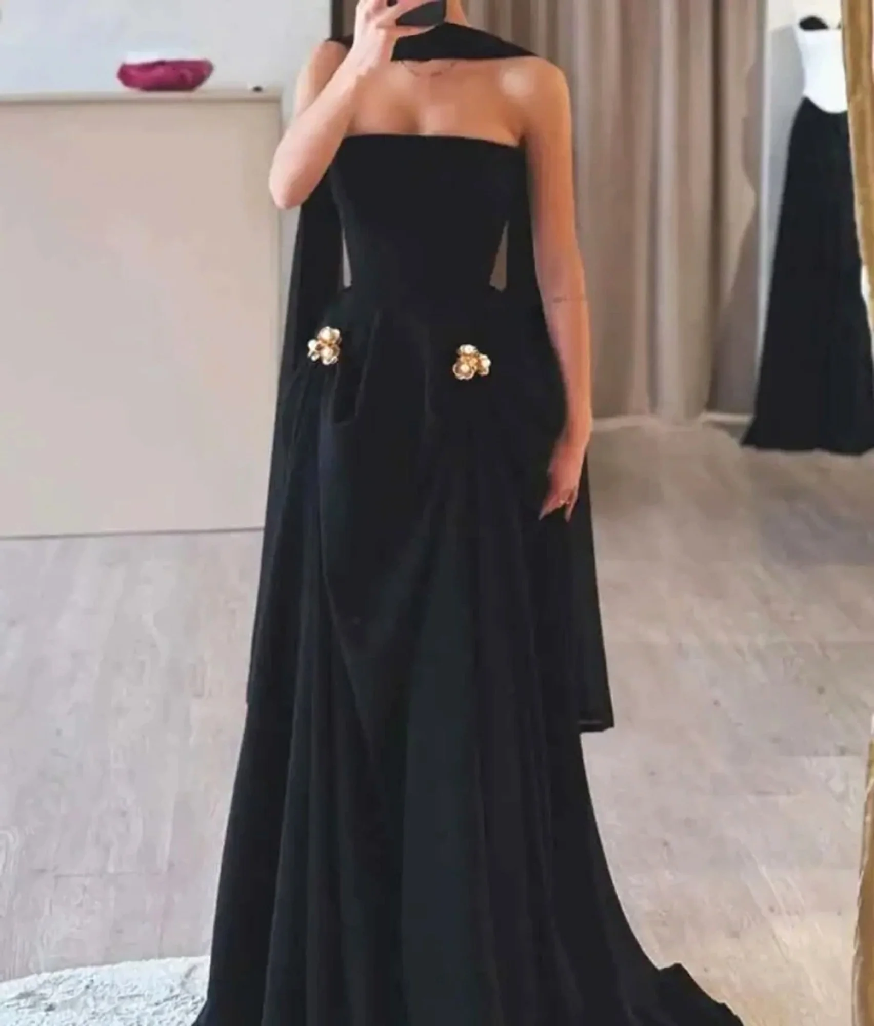 Black A-Line Maxi Dress with Floral Detail