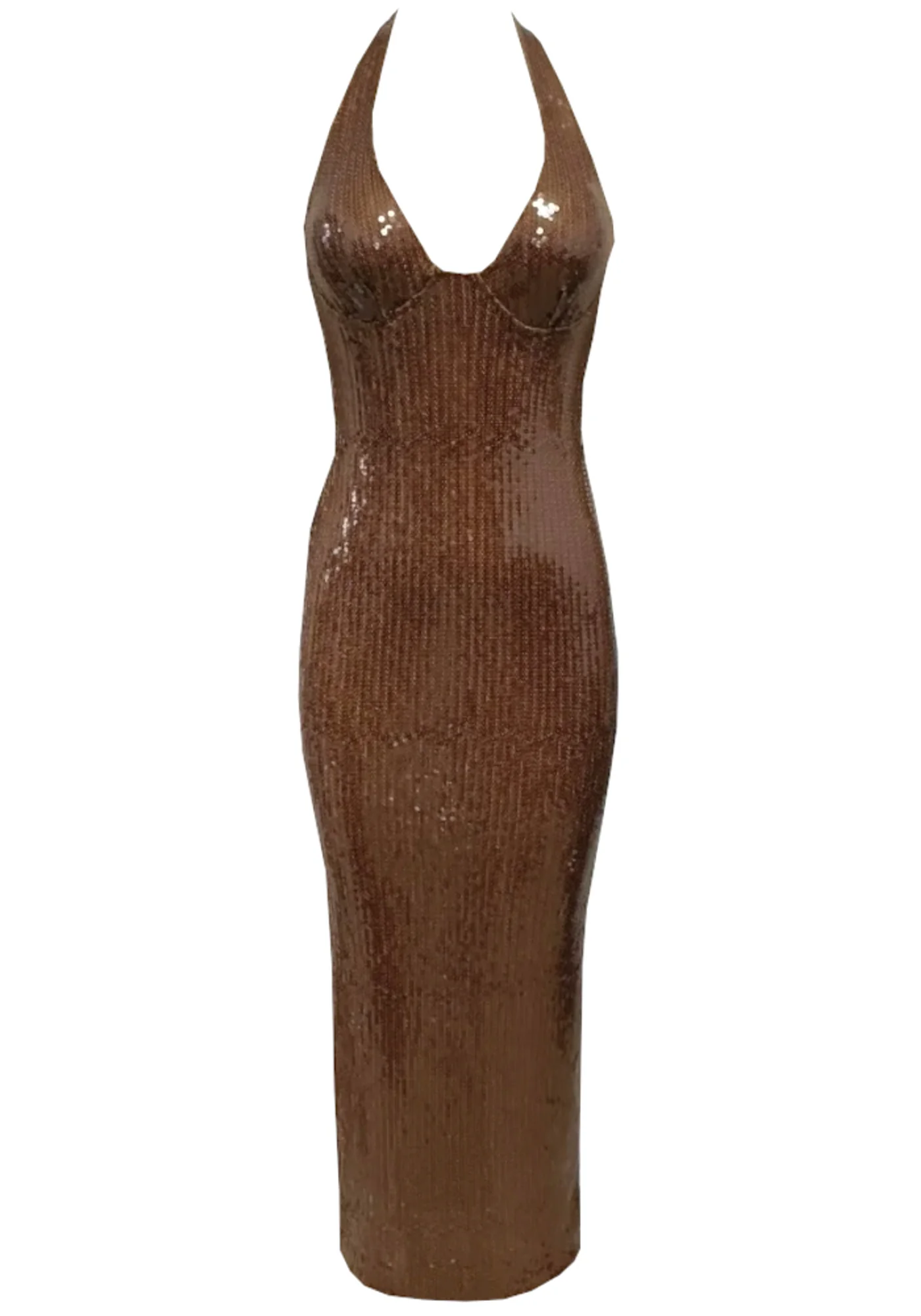 Brown Sequin Halter Maxi Dress with Bustier Detail