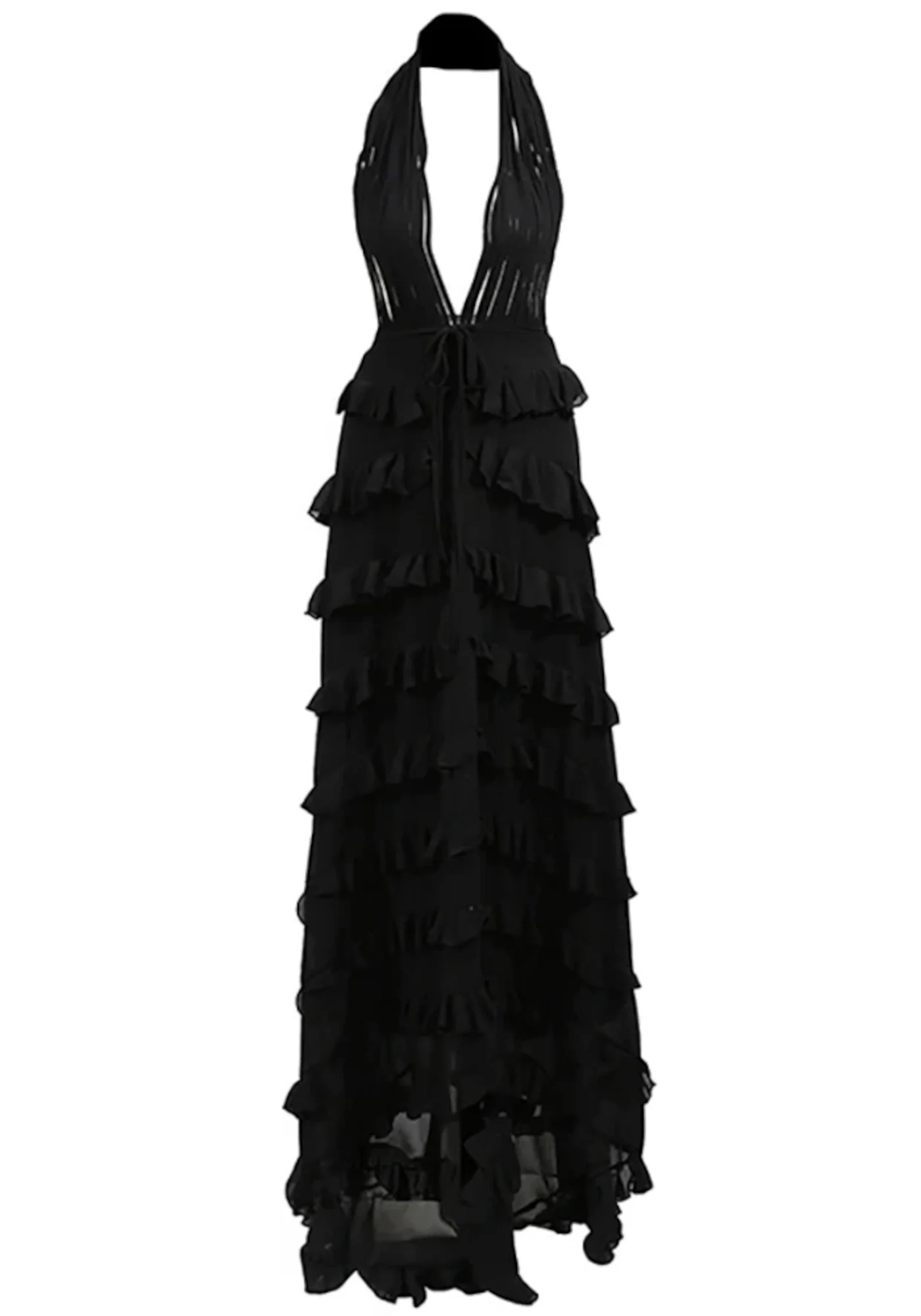 Black Halter Ruffle A-Line Maxi Dress