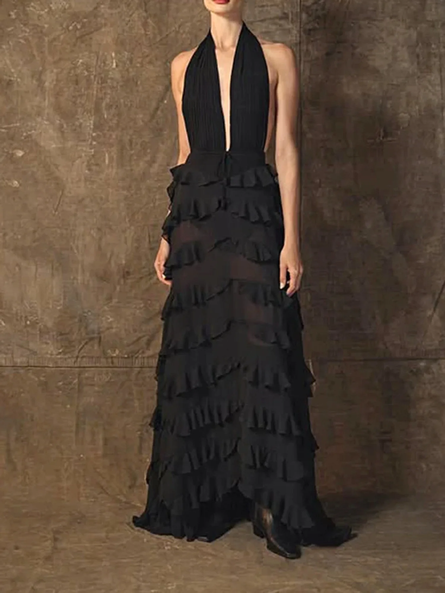 Black Halter Ruffle A-Line Maxi Dress