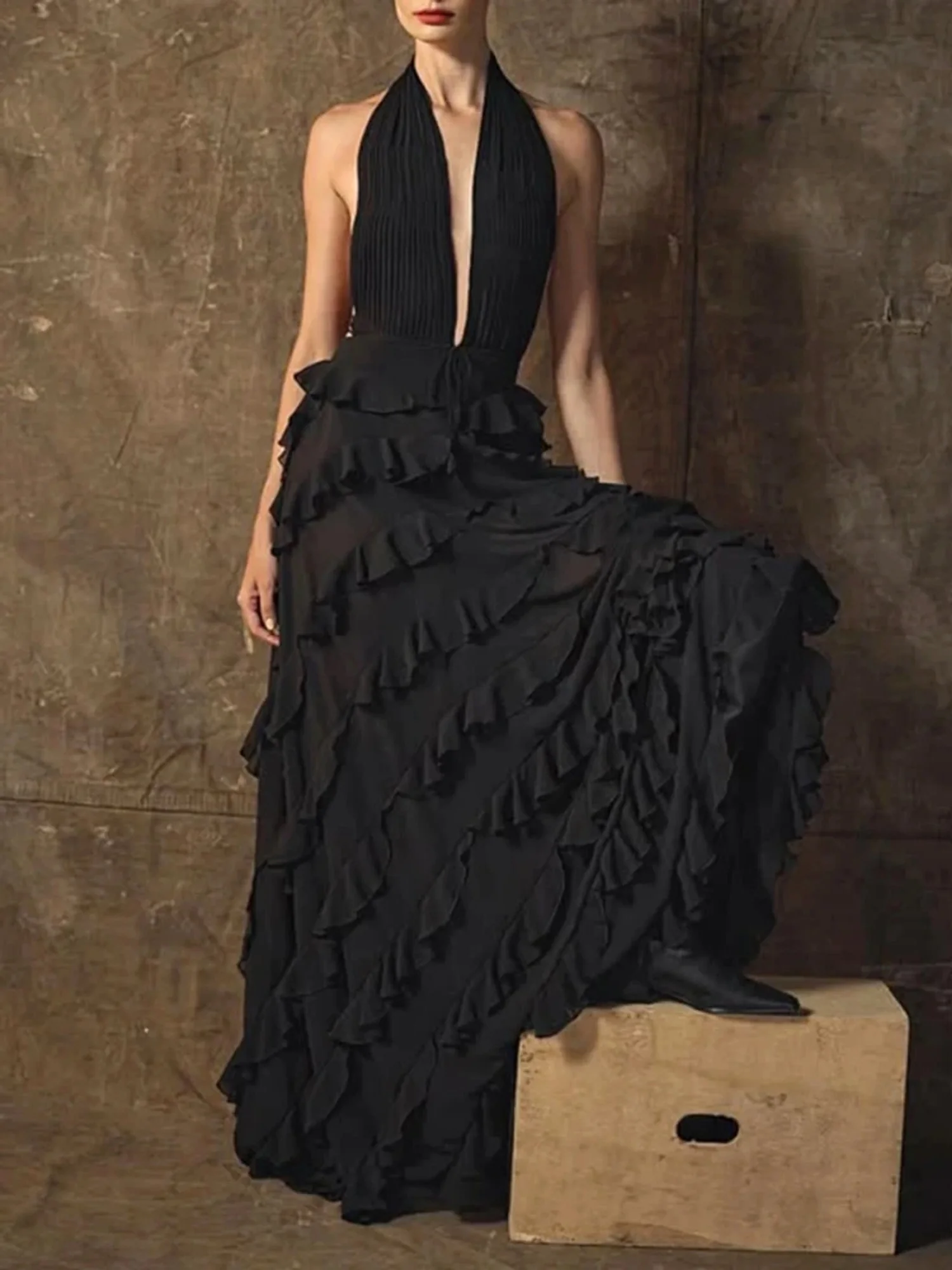 Black Halter Ruffle A-Line Maxi Dress