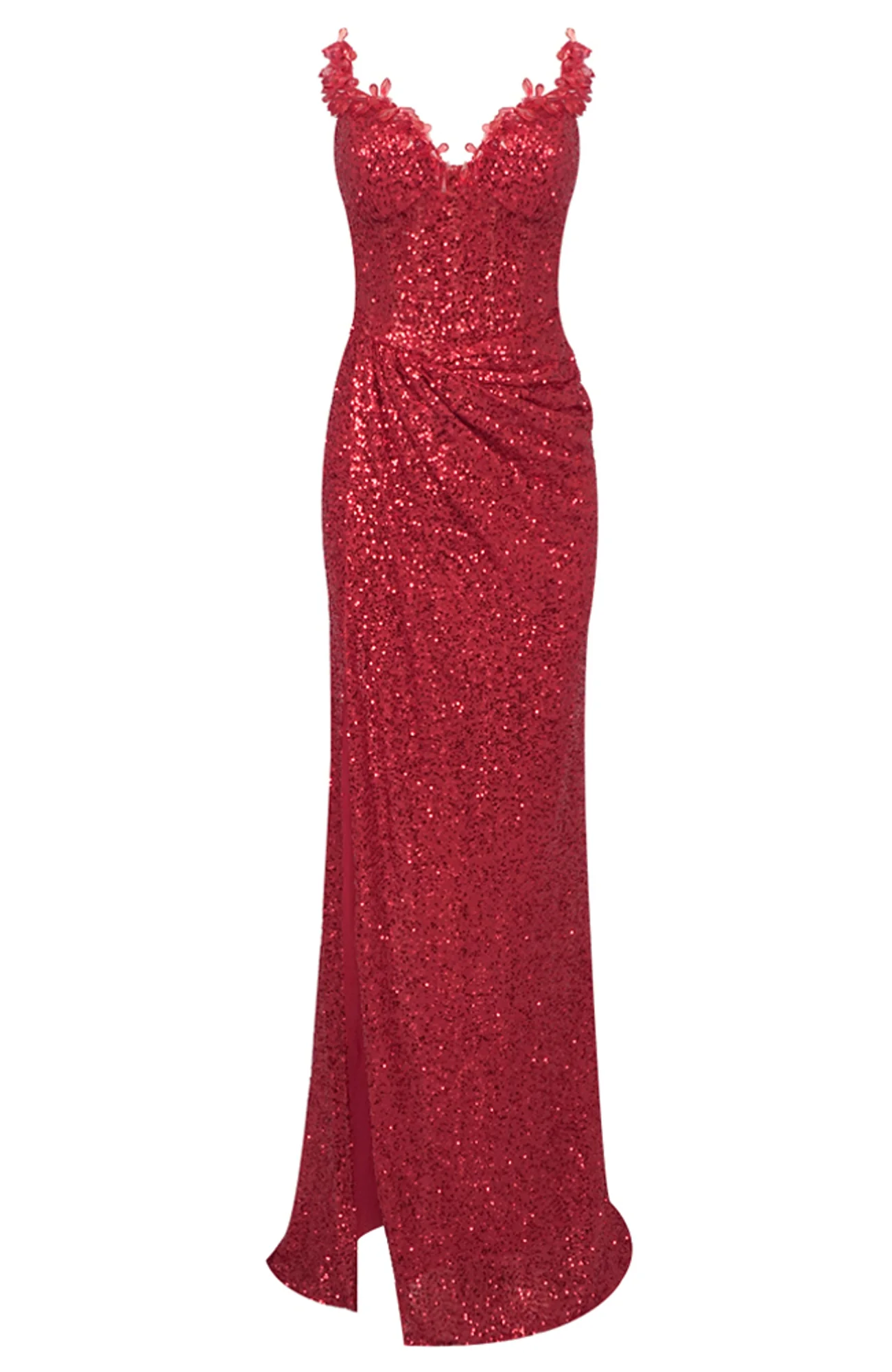 Red Crystal Sequin Strapless Maxi Dress