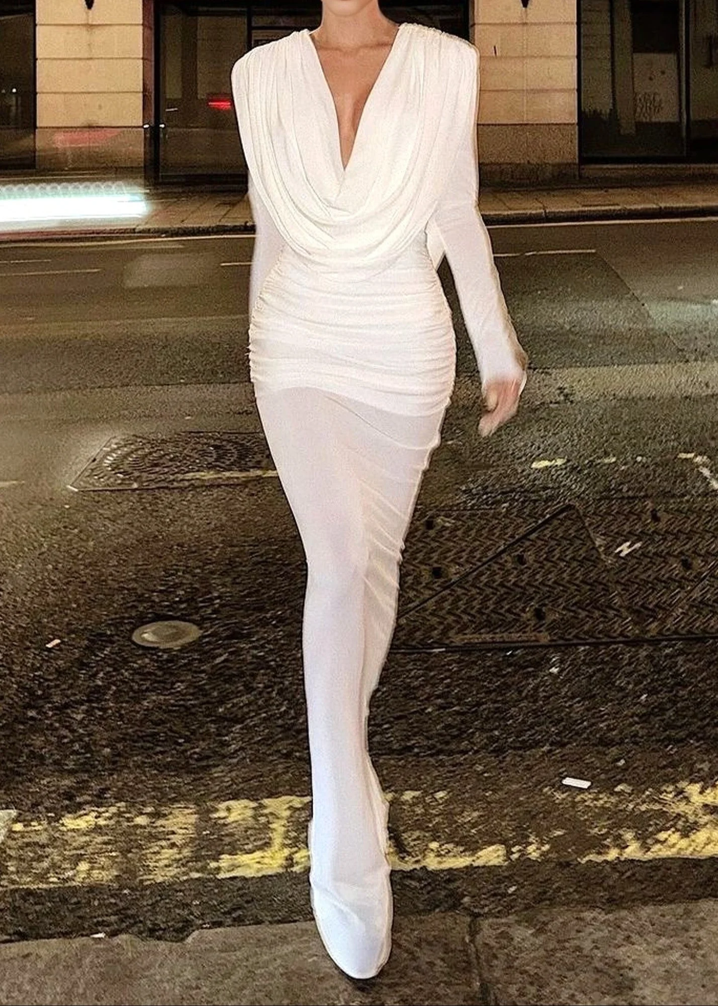 White Sequin Draped Back Maxi Dress - Elegant V-Neck Design