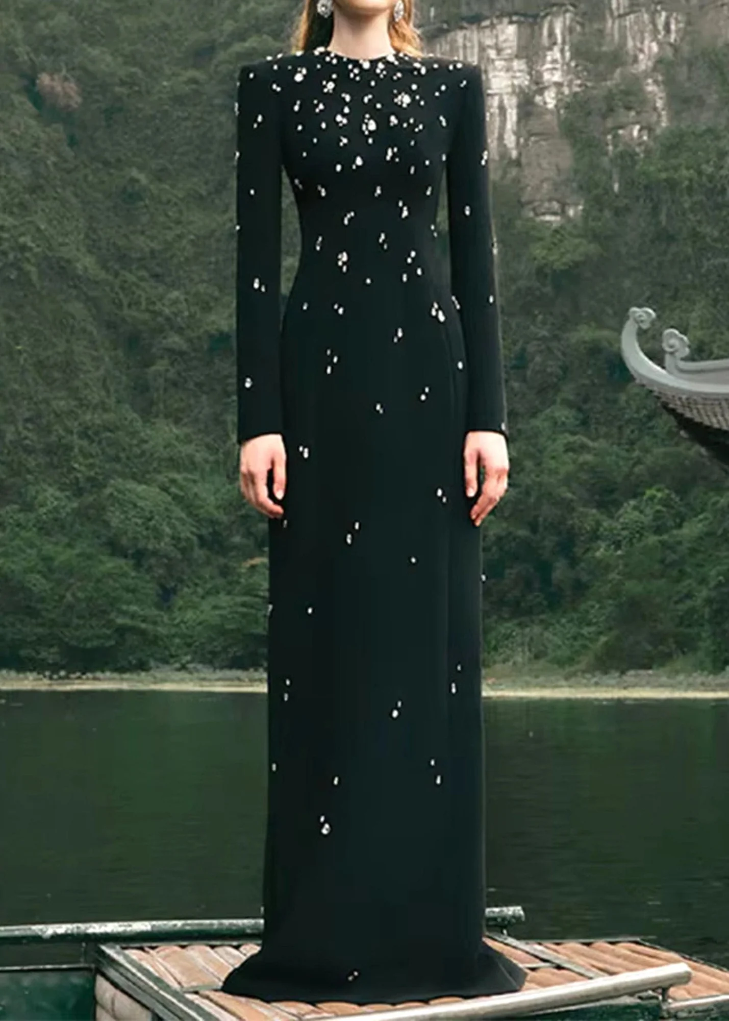 Black A-Line Rhinestone Embellished Maxi Dress with Long Sleeves