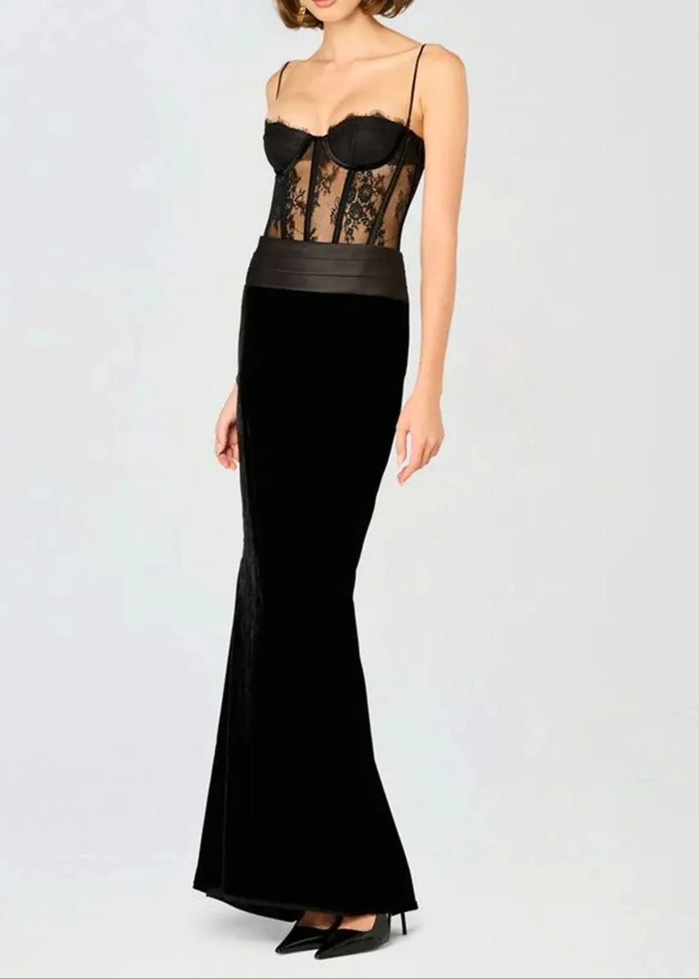 Black Lace Corset Maxi Velvet Dress - Stylish & Elegant