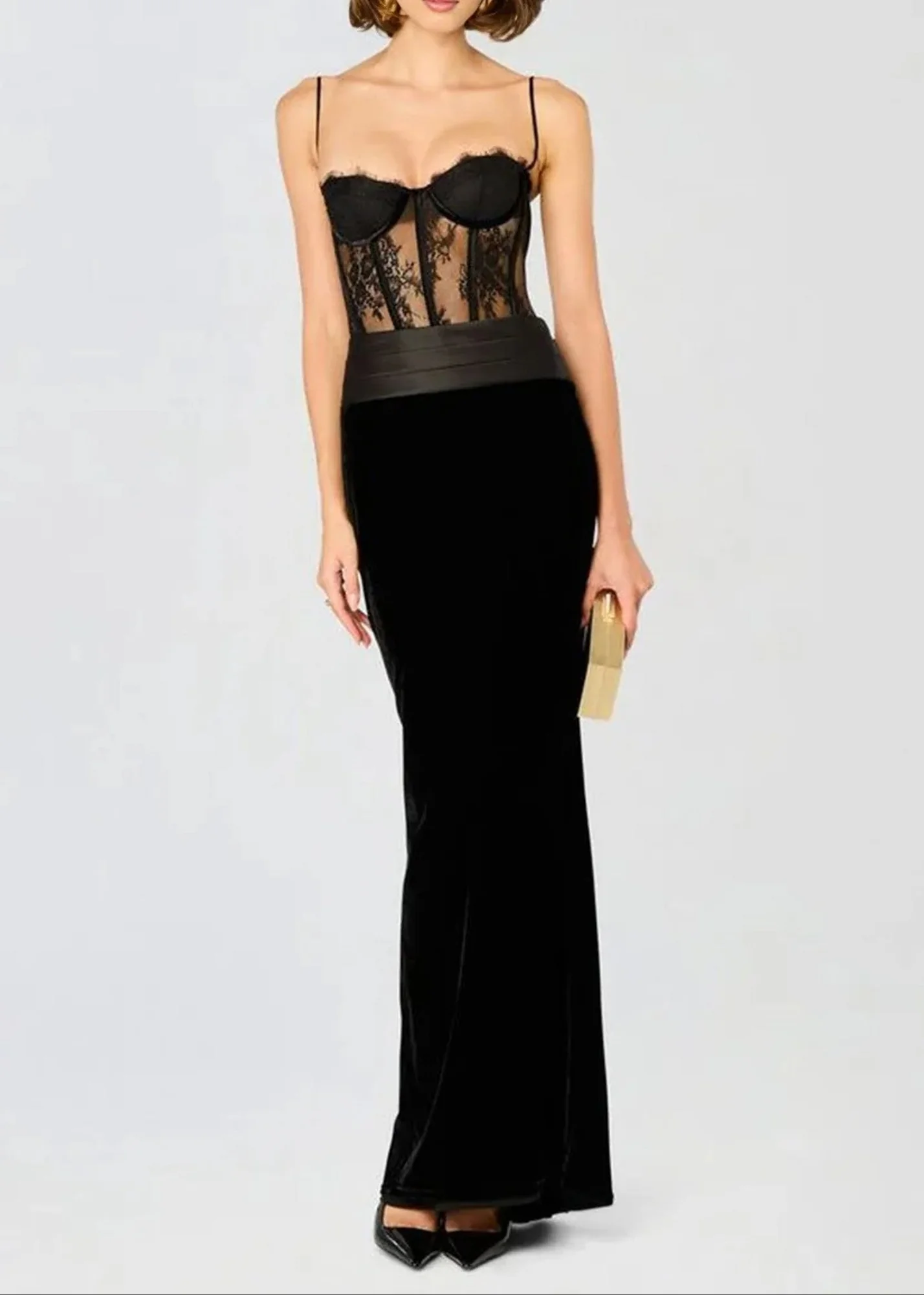 Black Lace Corset Maxi Velvet Dress - Stylish & Elegant
