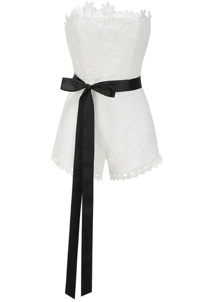 White Floral Crochet Strapless Romper Womens Mini Dress