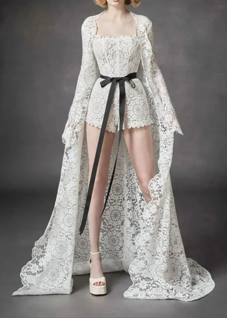 White Floral Crochet Strapless Romper Womens Mini Dress