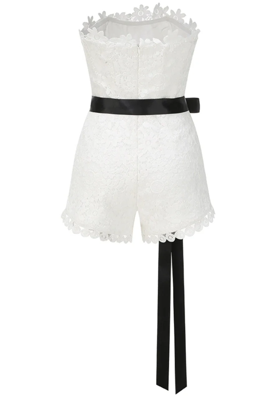 White Floral Crochet Strapless Romper Womens Mini Dress
