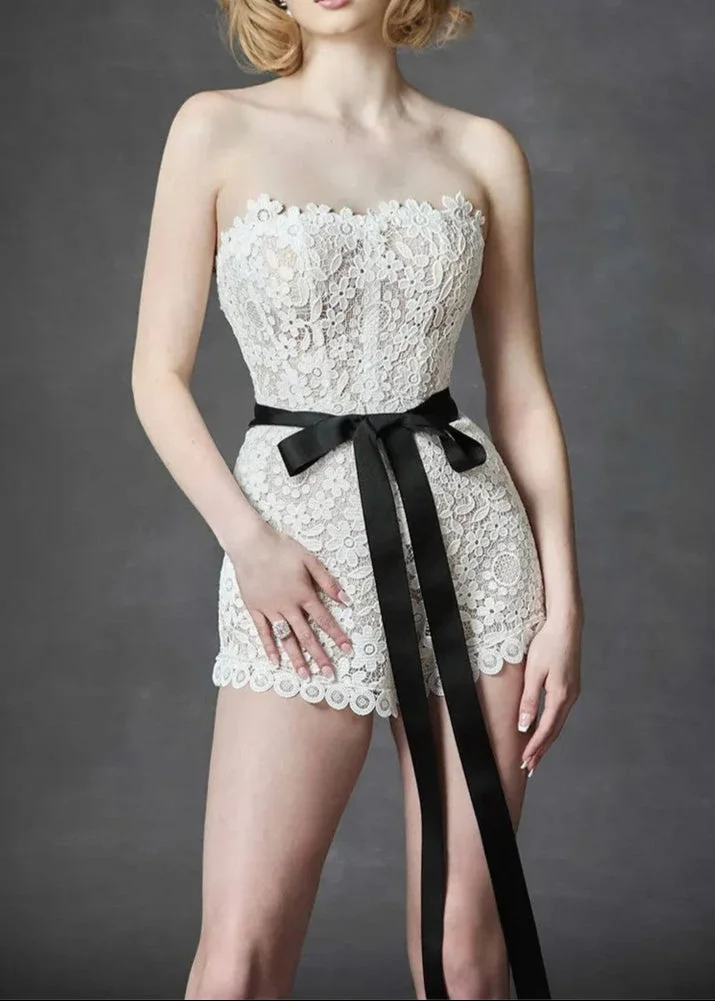 White Floral Crochet Strapless Romper Womens Mini Dress