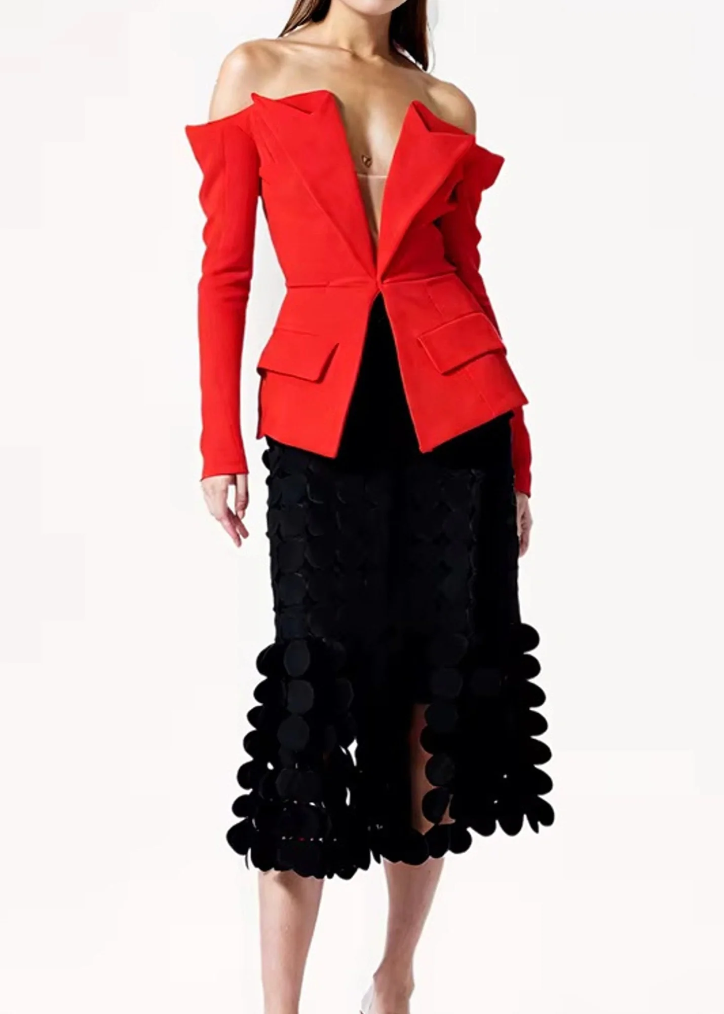 Red Long Sleeve Blazer with Mesh Insert