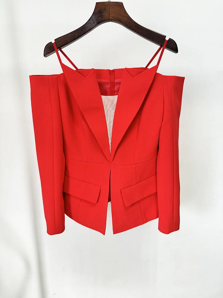 Red Long Sleeve Blazer with Mesh Insert