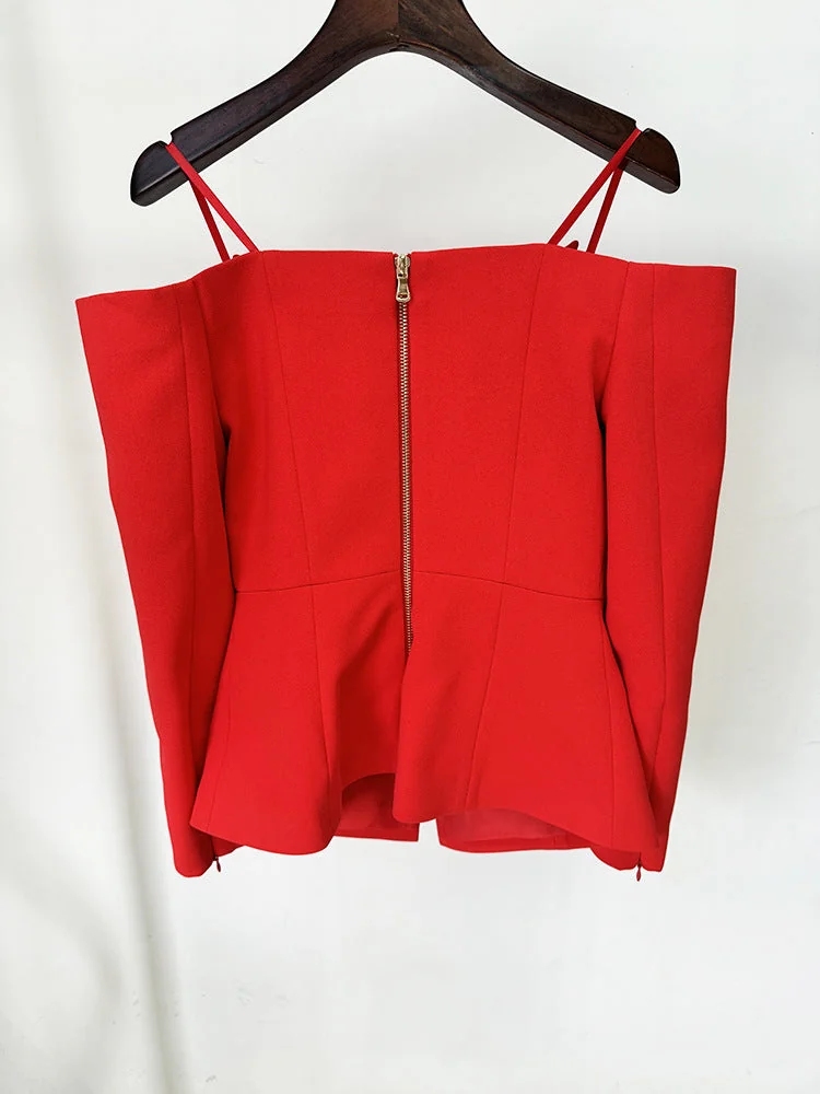 Red Long Sleeve Blazer with Mesh Insert