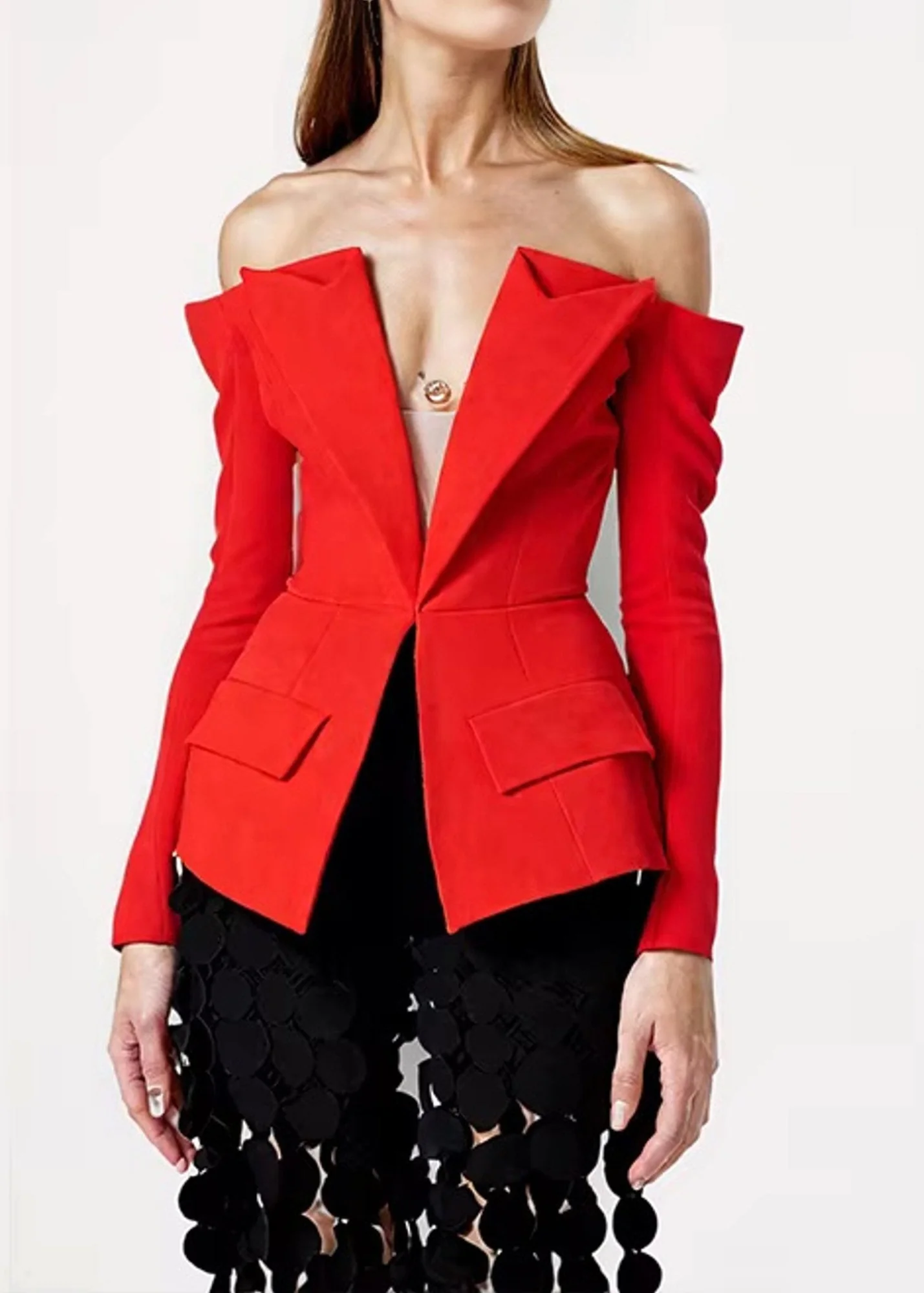 Red Long Sleeve Blazer with Mesh Insert