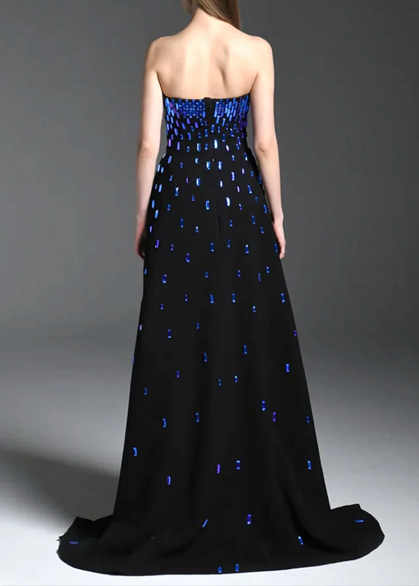 Black Blue Strapless A-Line Maxi Dress Embellished Elegant Style