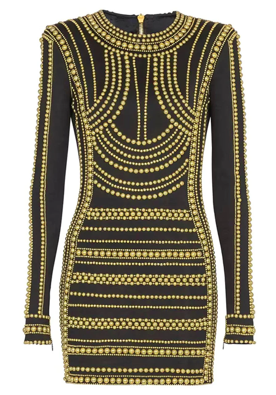 Black Studded Long Sleeve Mini Dress for Women