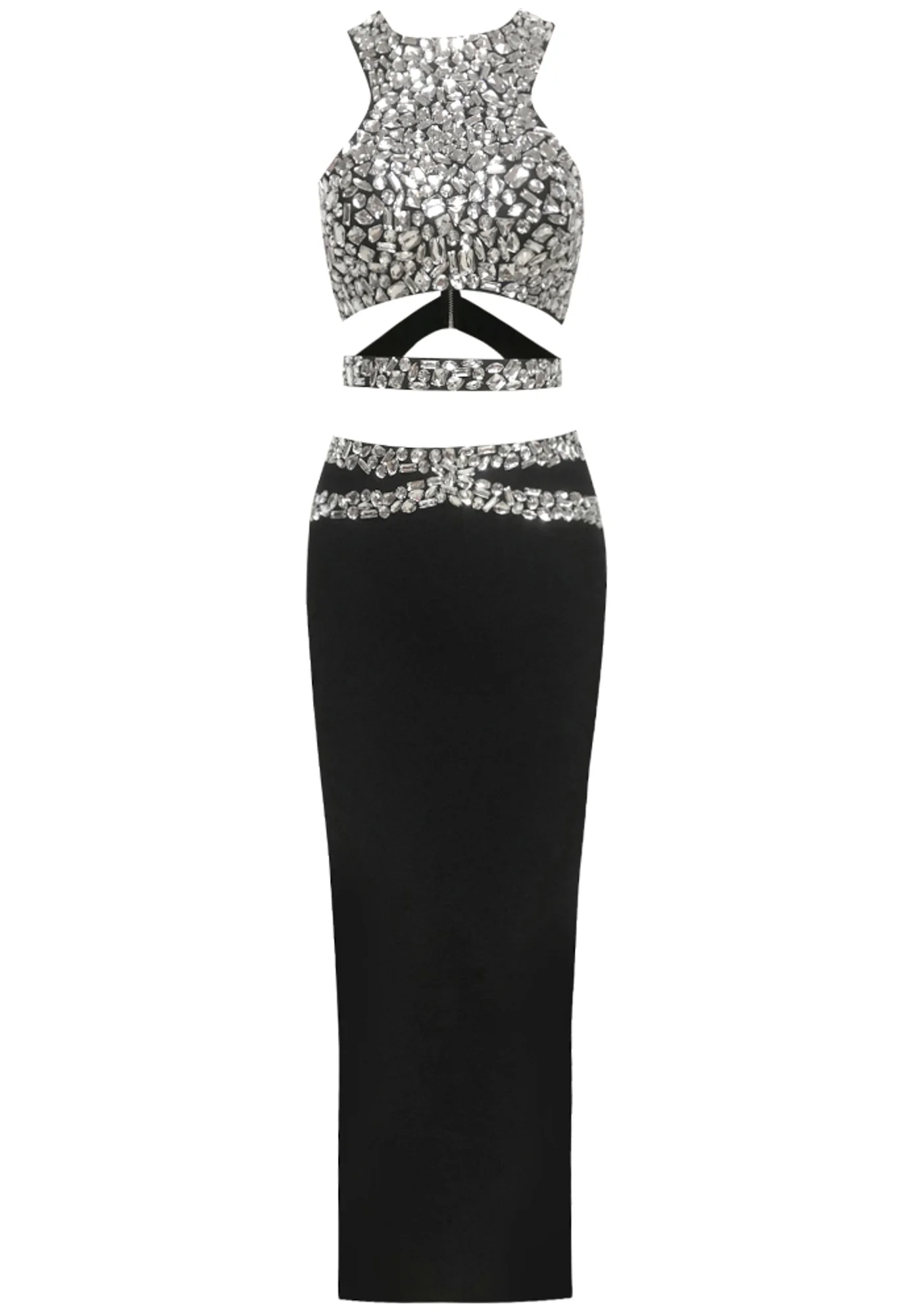 Black Crystal Cut Out Maxi Dress with Rhinestone Detail