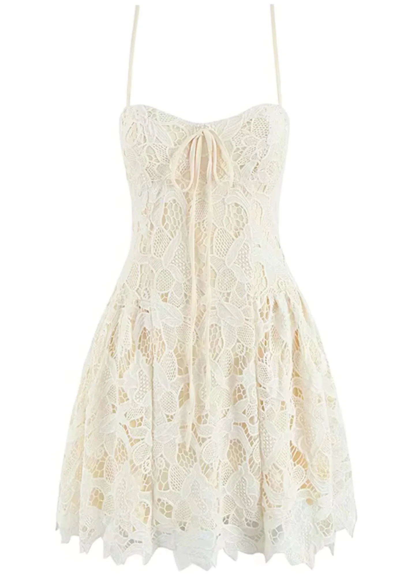 Ivory Floral Crochet A-Line Mini Dress with Spaghetti Straps