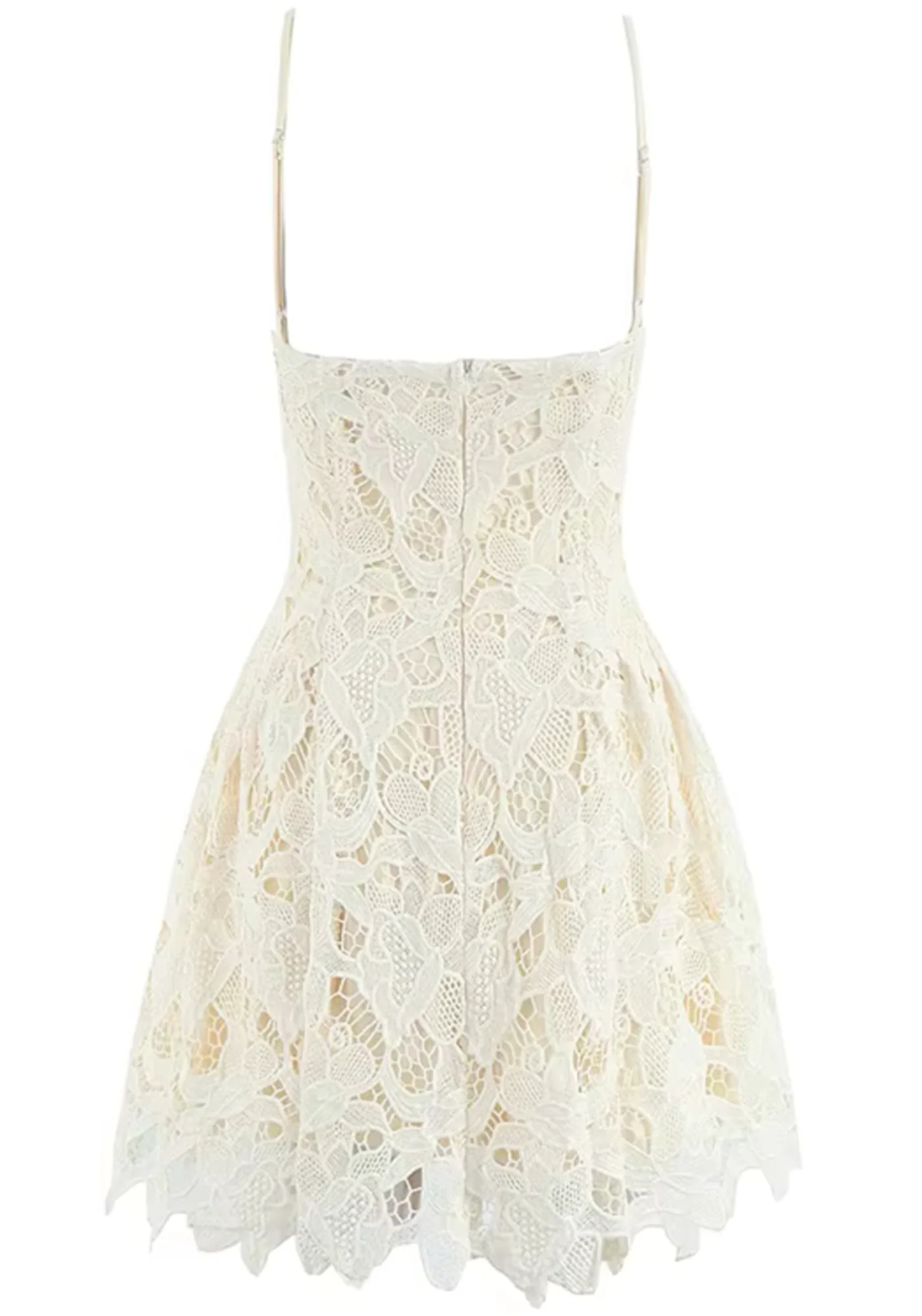 Ivory Floral Crochet A-Line Mini Dress with Spaghetti Straps