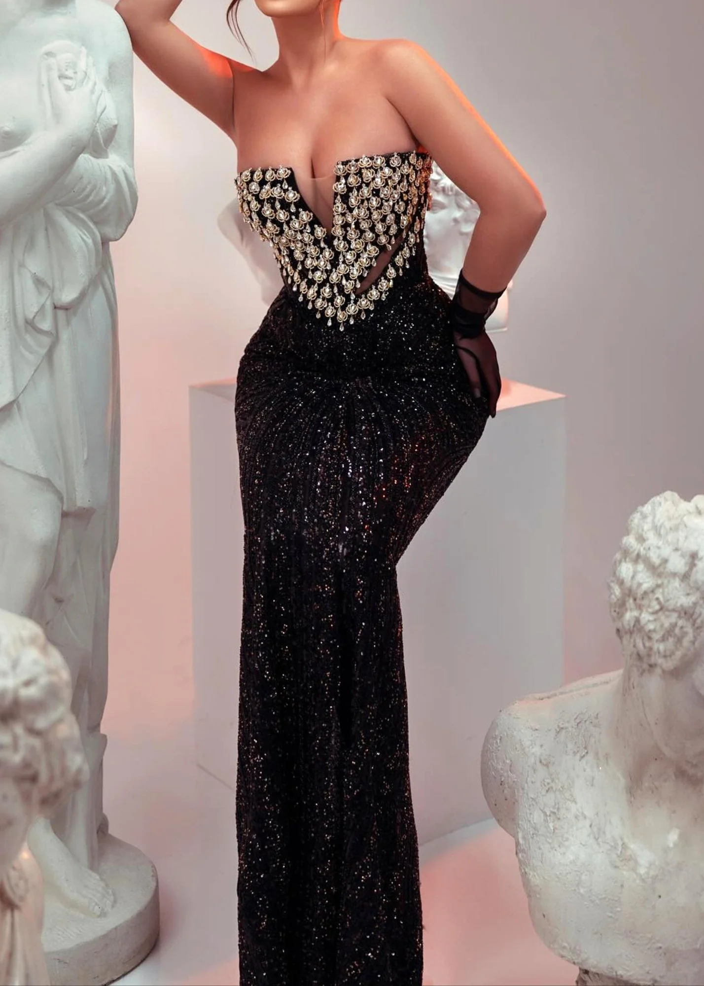 Black Sequin Embellished Strapless Maxi Dress