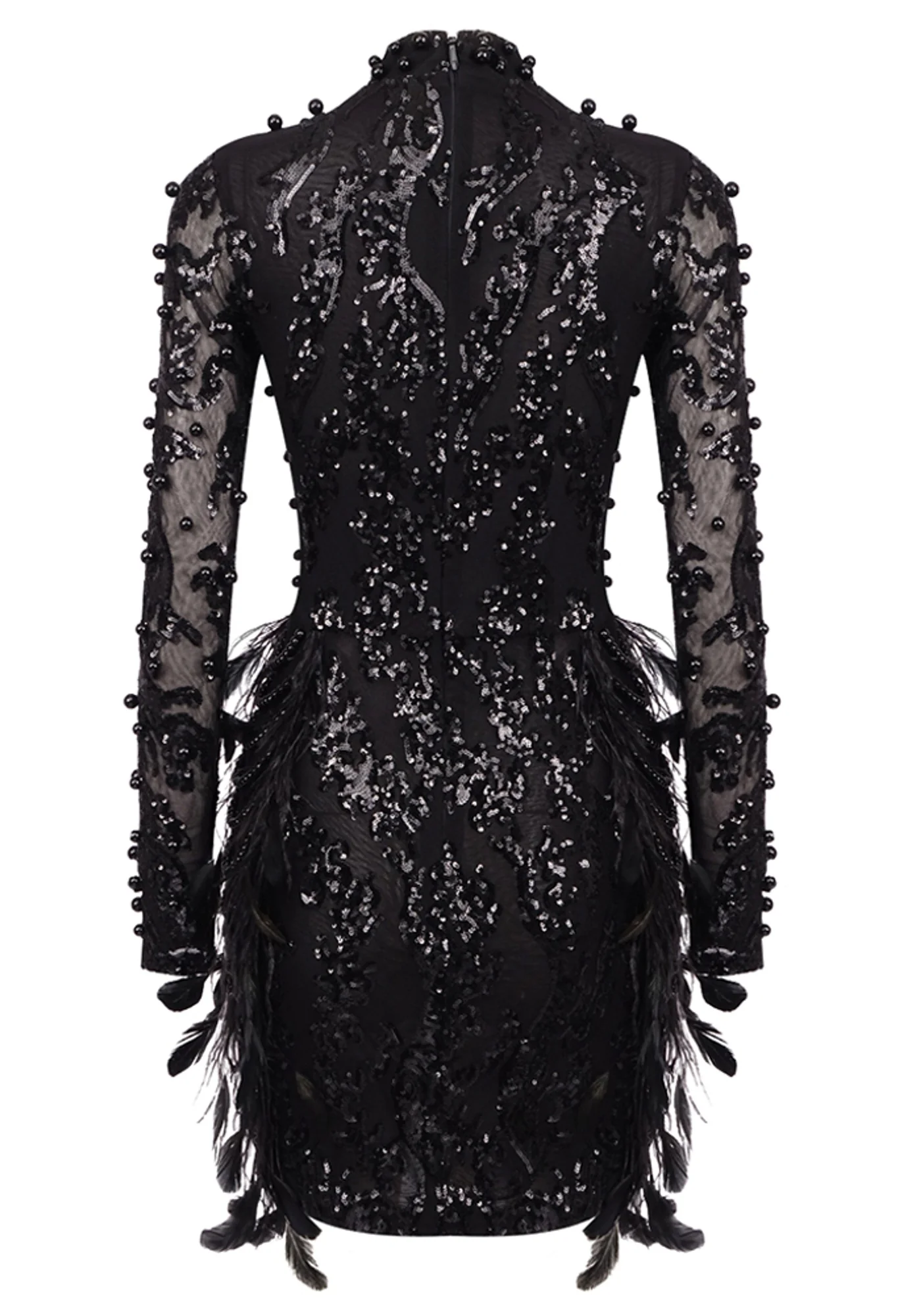 Black Sequin Feather Detail Mini Dress with Mesh Insert