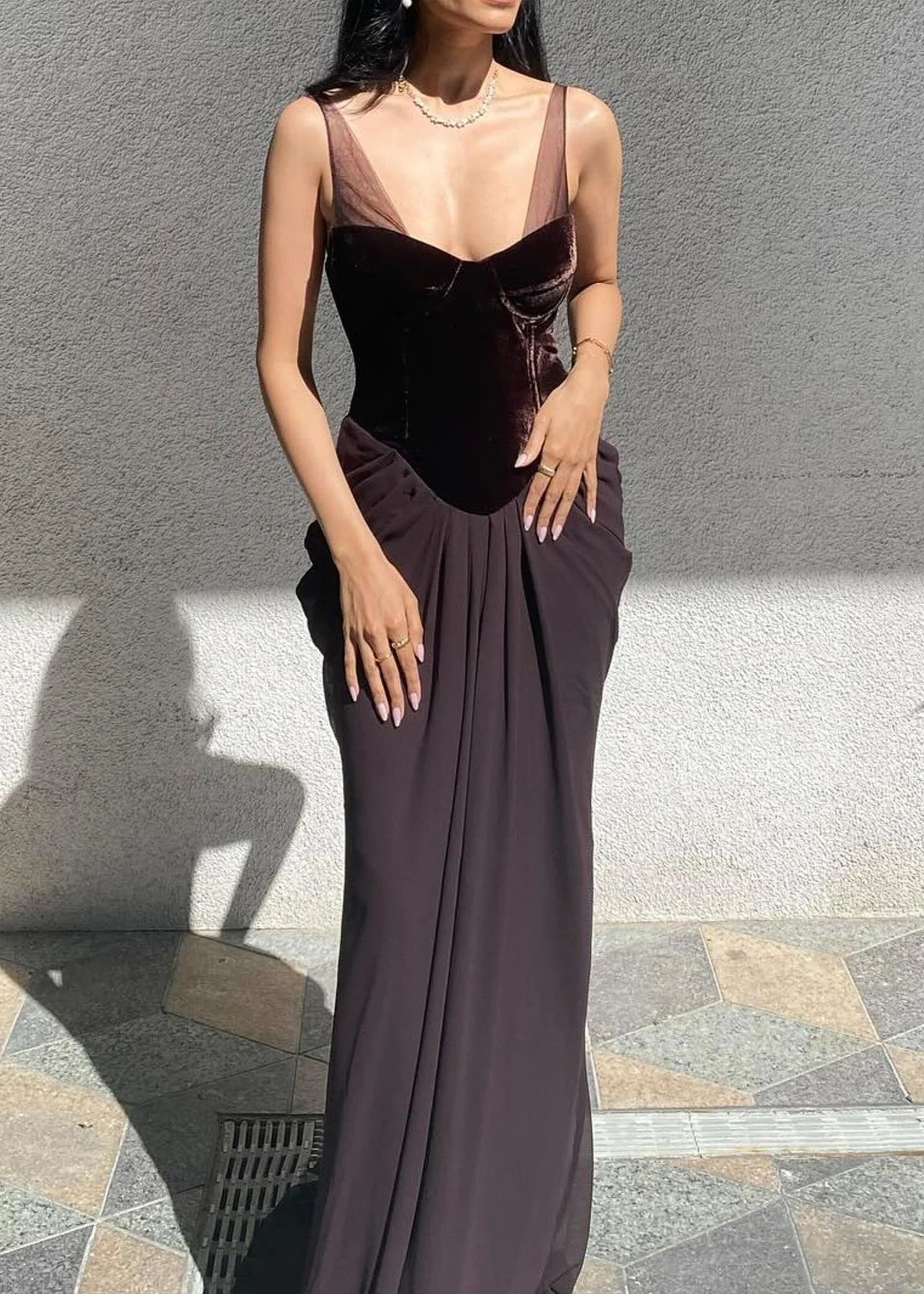 Brown Velvet Bustier Maxi Dress with Mesh Insert