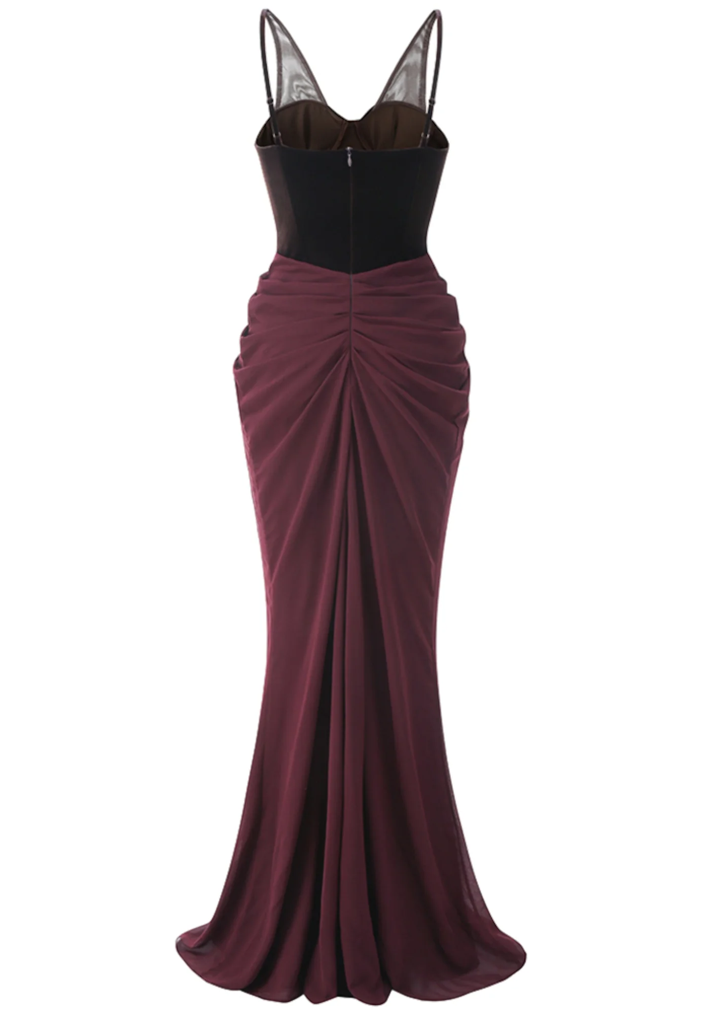 Brown Velvet Bustier Maxi Dress with Mesh Insert