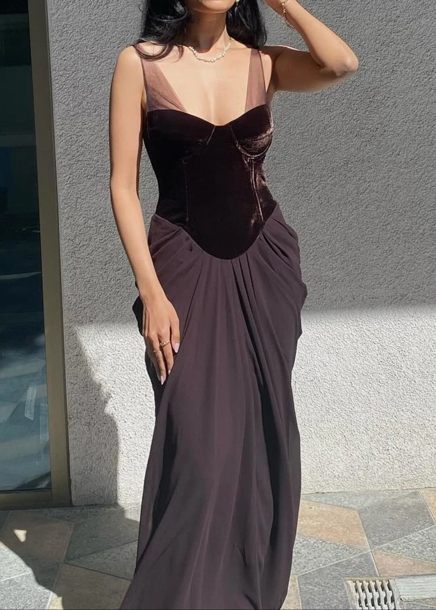 Brown Velvet Bustier Maxi Dress with Mesh Insert