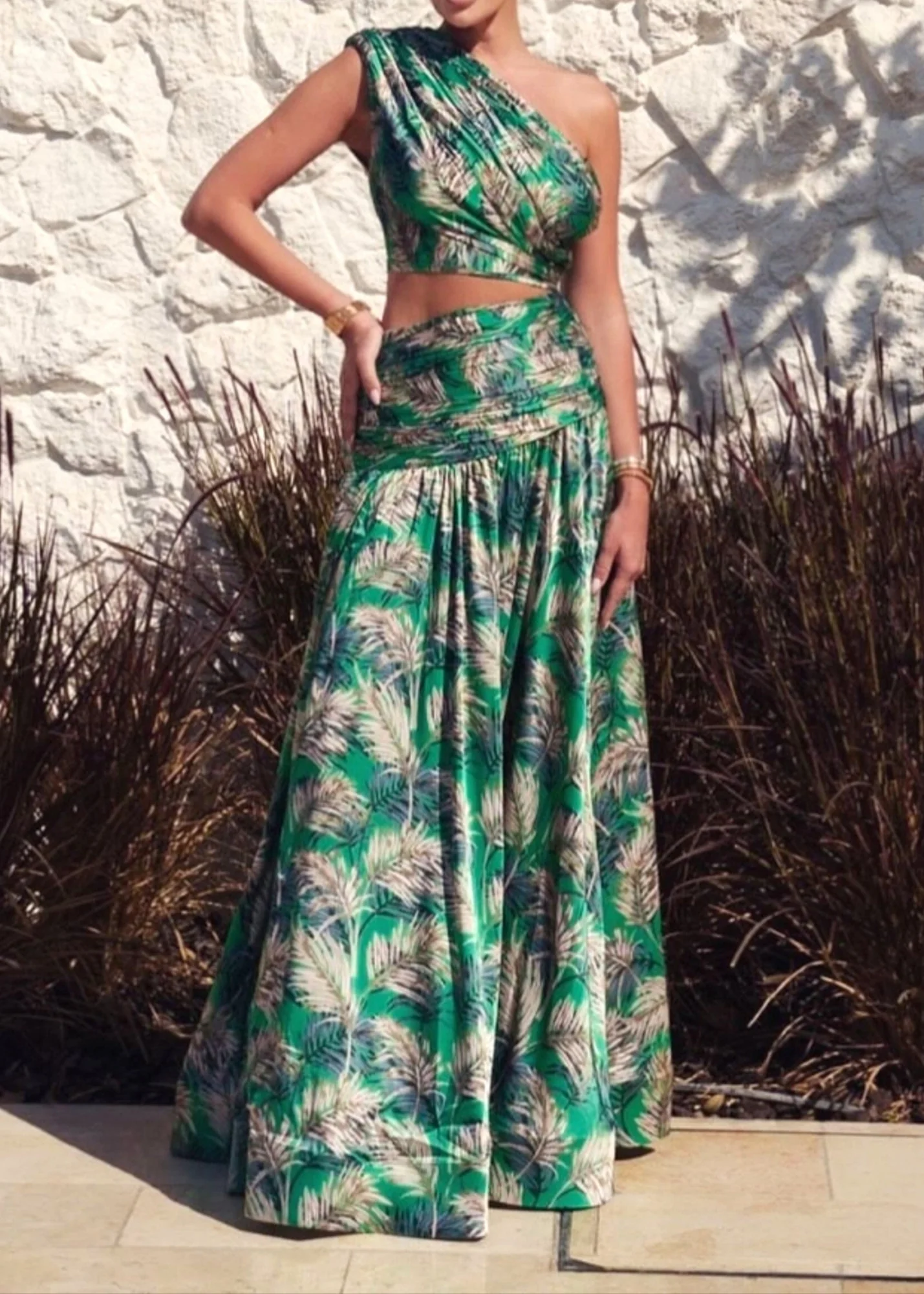 Green Floral One Shoulder Maxi Dress with A-line Design