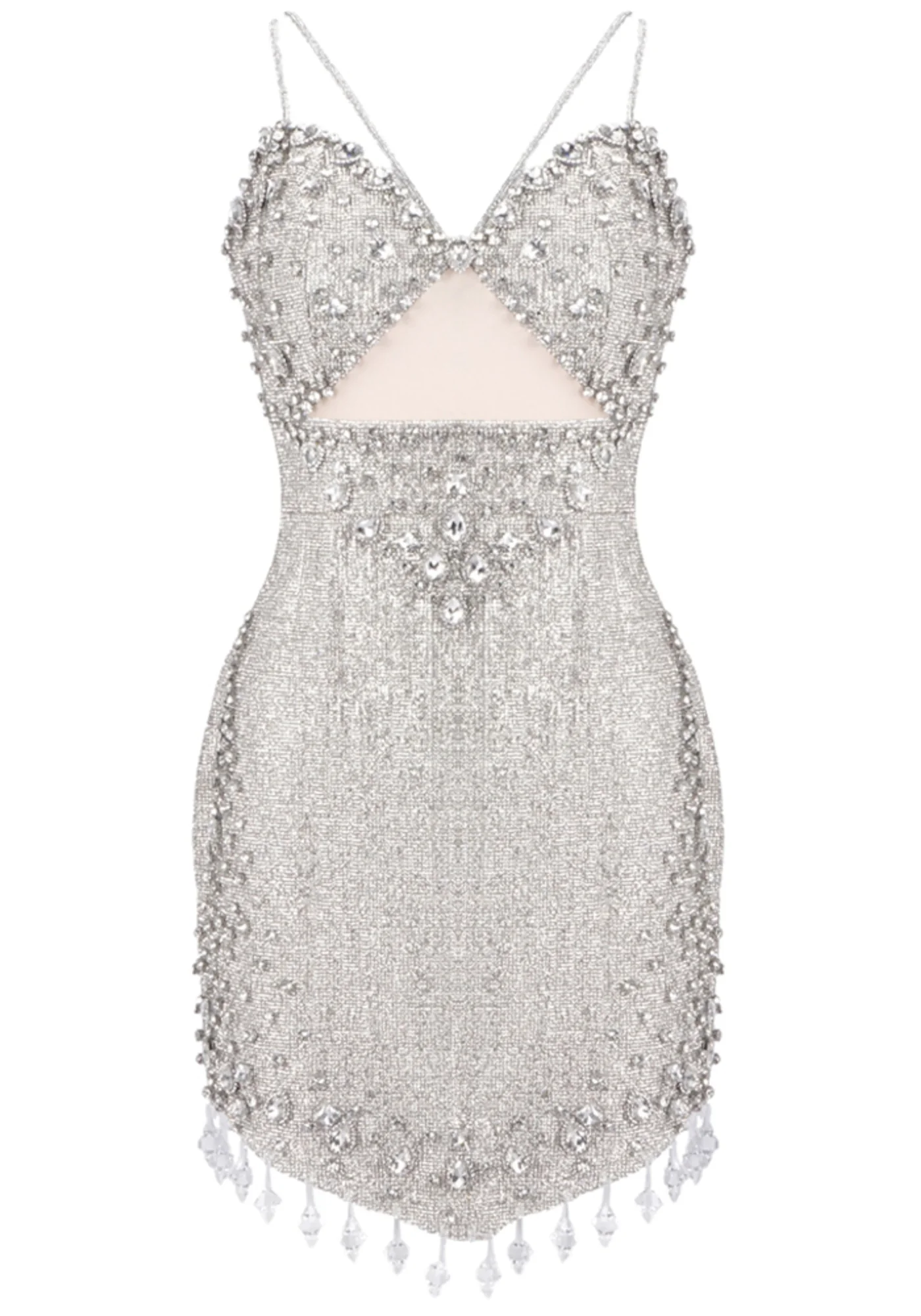 Silver Crystal Embellished V-Neck Mini Dress with Bustier Detail