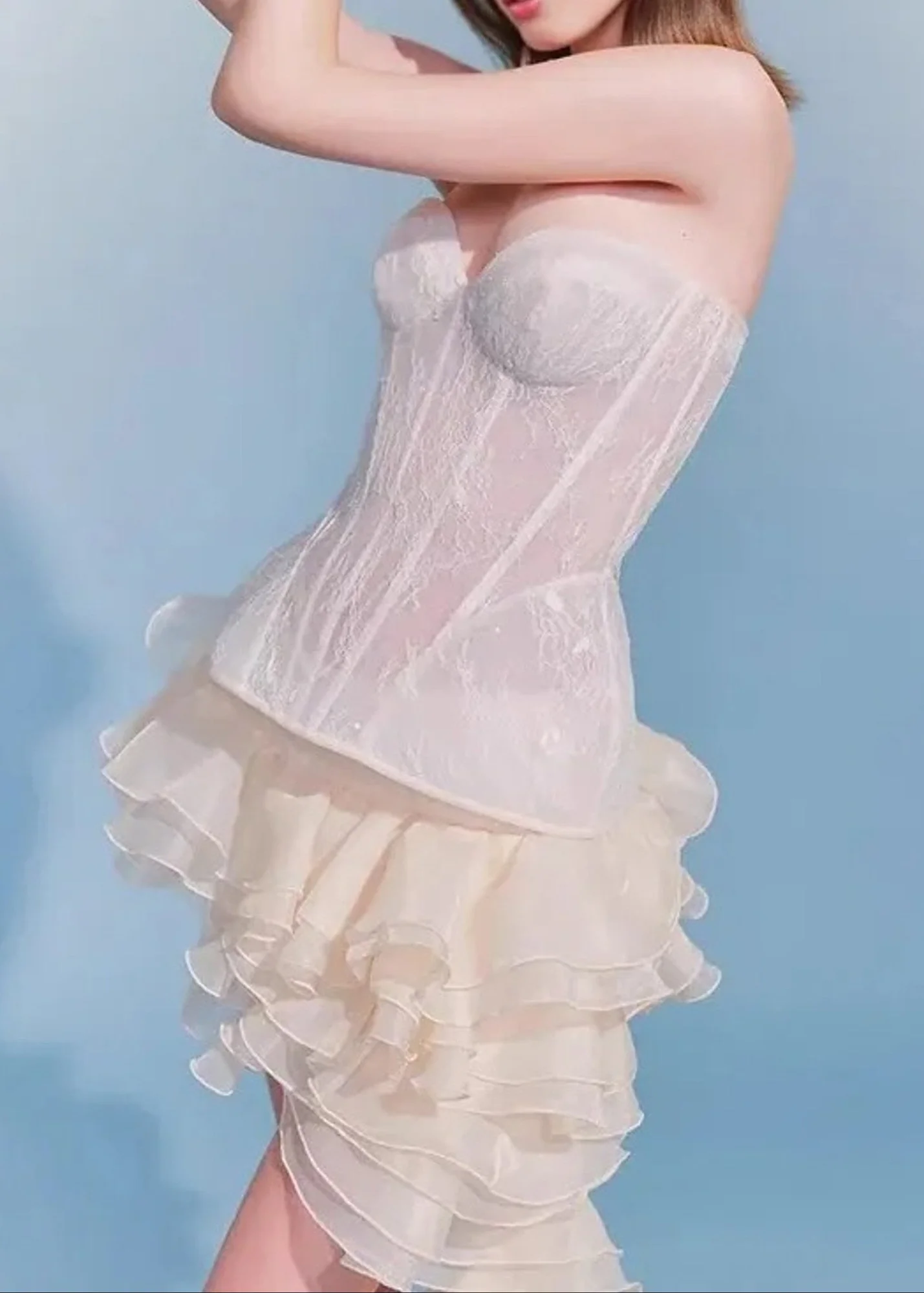 Ivory Strapless Lace Corset Ruffle Dress - Elegant Mini Design
