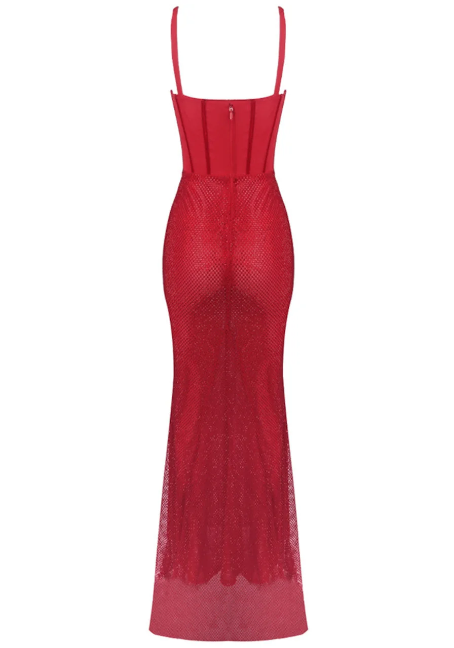 Red Sequin V-Neck Maxi Dress with Sparkly Detail