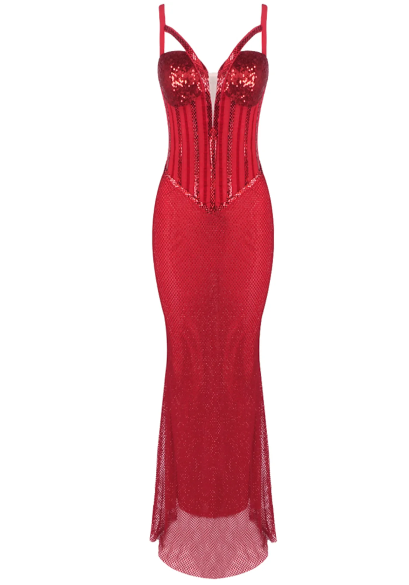 Red Sequin V-Neck Maxi Dress with Sparkly Detail