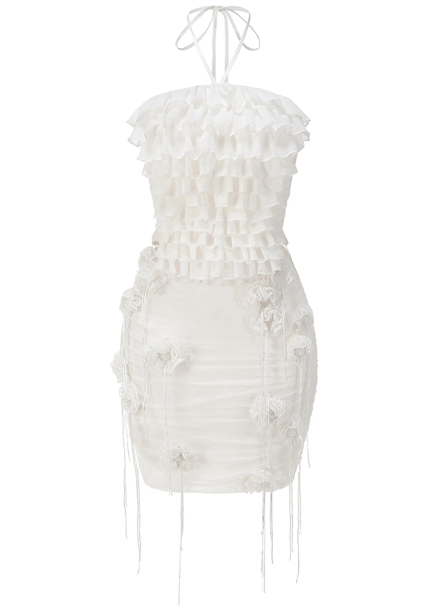 White Floral Ruched Halter Neck Mini Dress