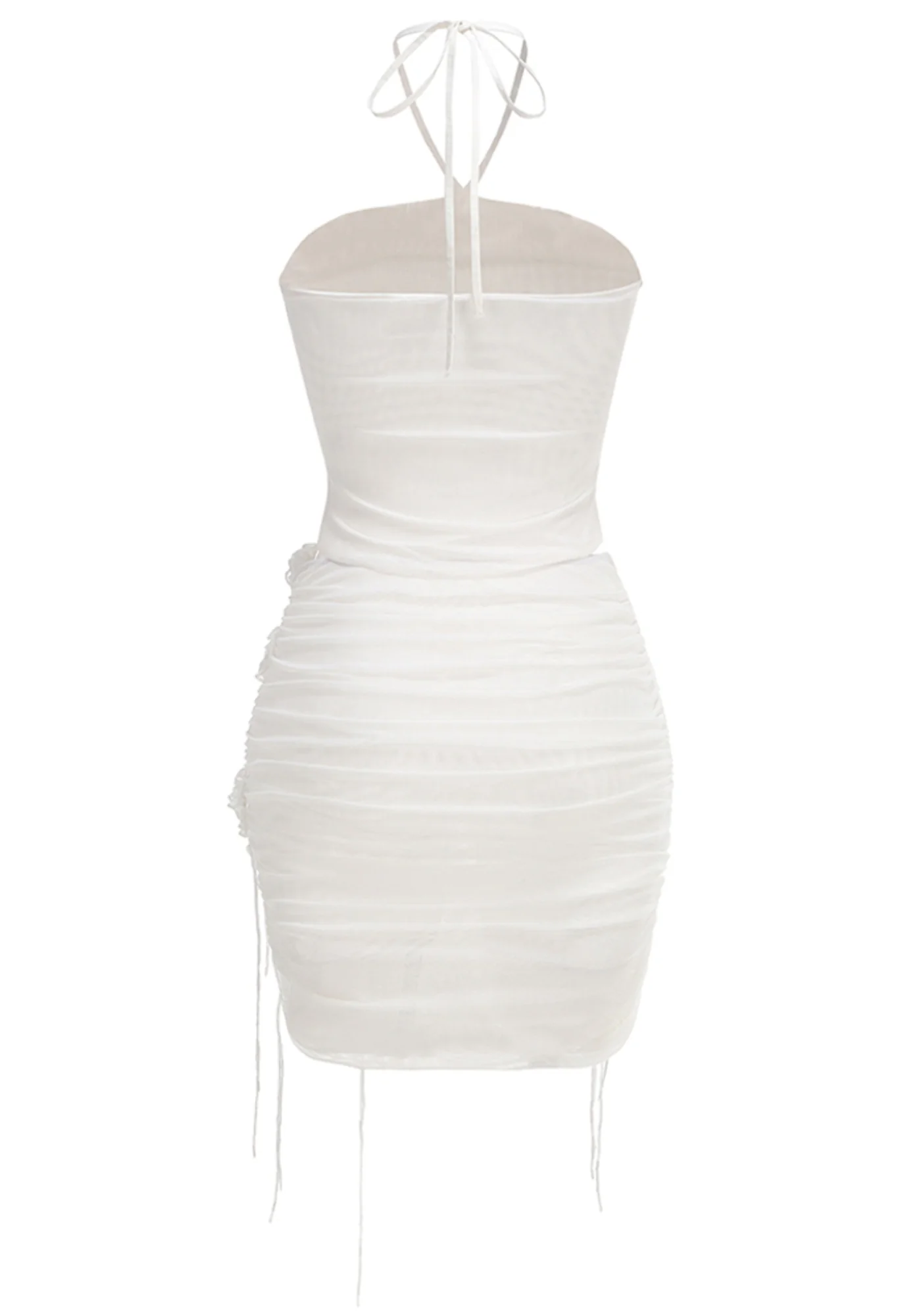 White Floral Ruched Halter Neck Mini Dress