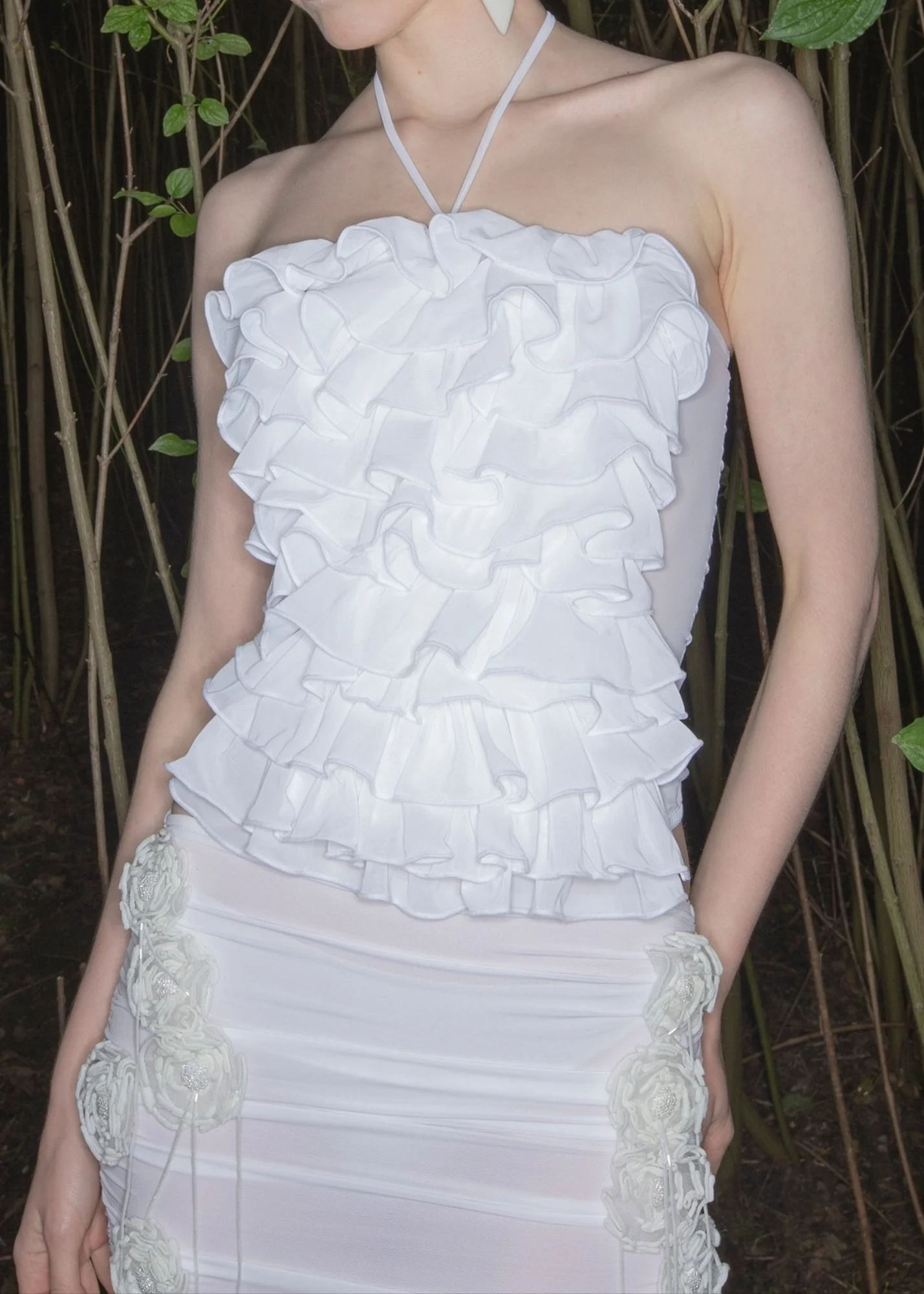 White Floral Ruched Halter Neck Mini Dress