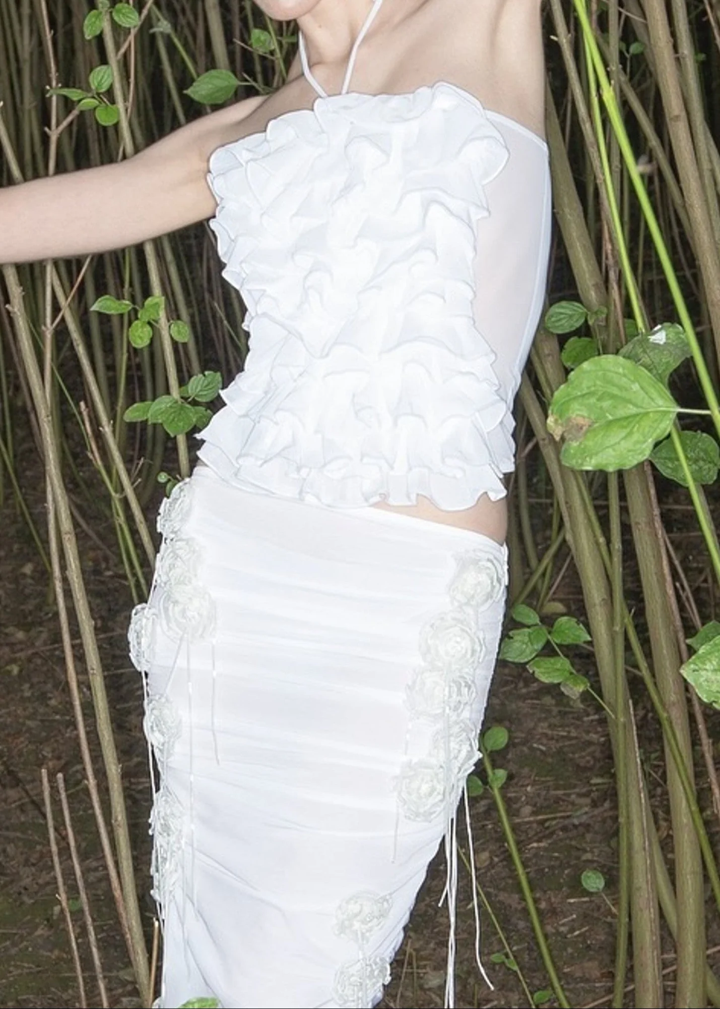 White Floral Ruched Halter Neck Mini Dress