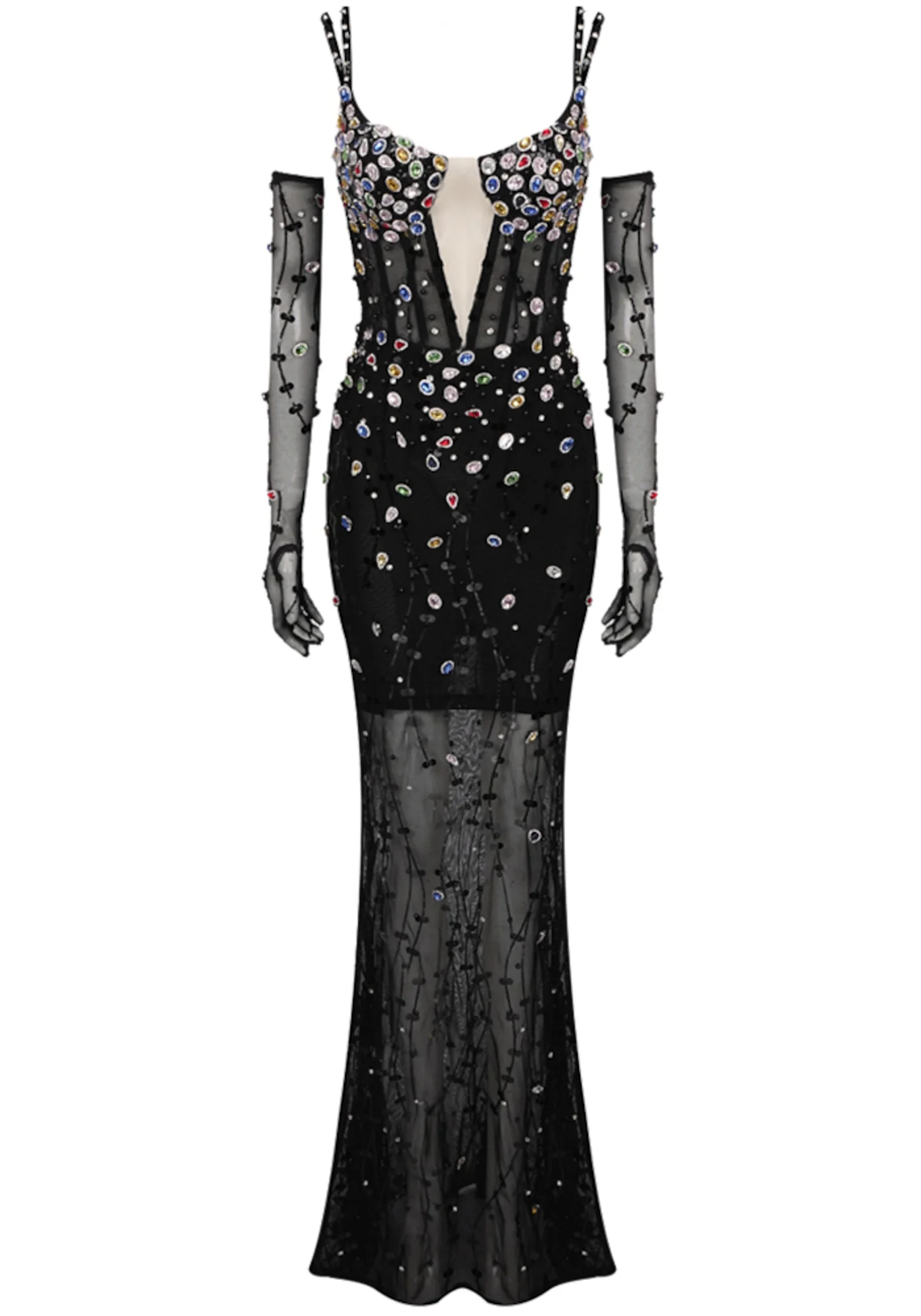Black Sequin Mesh Insert Maxi Dress with Rhinestones