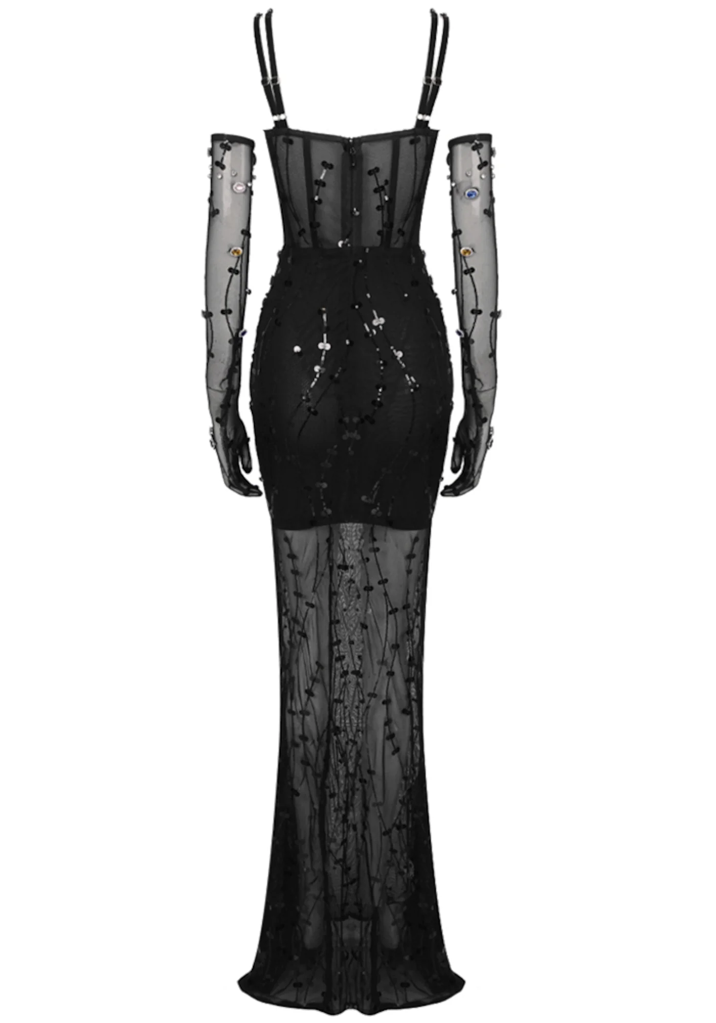Black Sequin Mesh Insert Maxi Dress with Rhinestones
