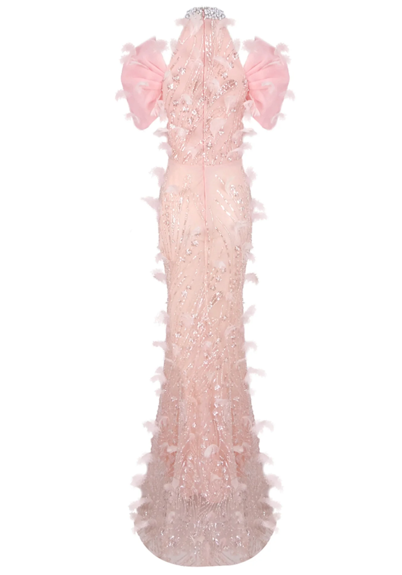 Pink Sequin Feather Halter Maxi Dress - Elegant Rhinestone Embellished